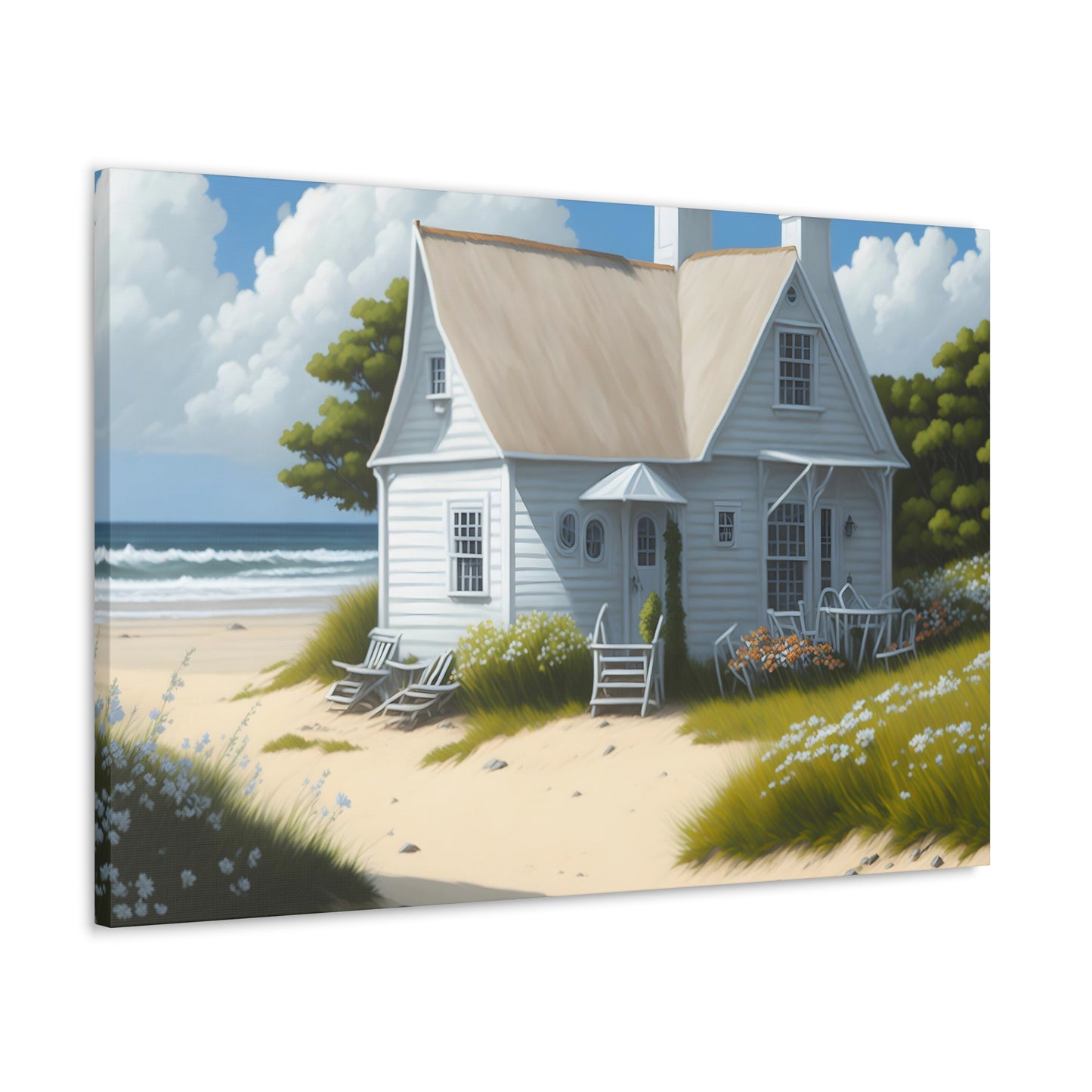 Coastal Retreat: Beach Cottage Canvas Wrap, Idyllic Coastal Landscapes, Serene Ocean Views, and Beachside Escapes, Sand Beaches.