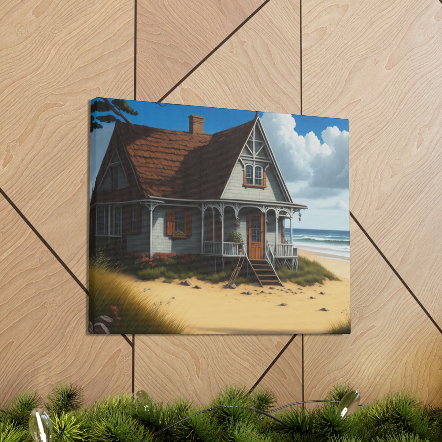 Coastal Retreat: Beach Cottage Canvas Wrap, Idyllic Coastal Landscapes, Serene Ocean Views, and Beachside Escapes, Sand Beaches.