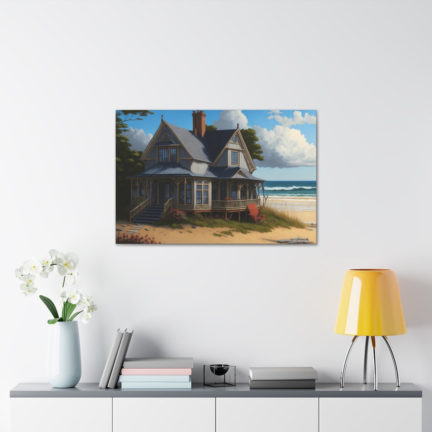 Coastal Retreat: Beach Cottage Canvas Wrap, Idyllic Coastal Landscapes, Serene Ocean Views, and Beachside Escapes, Sand Beaches.