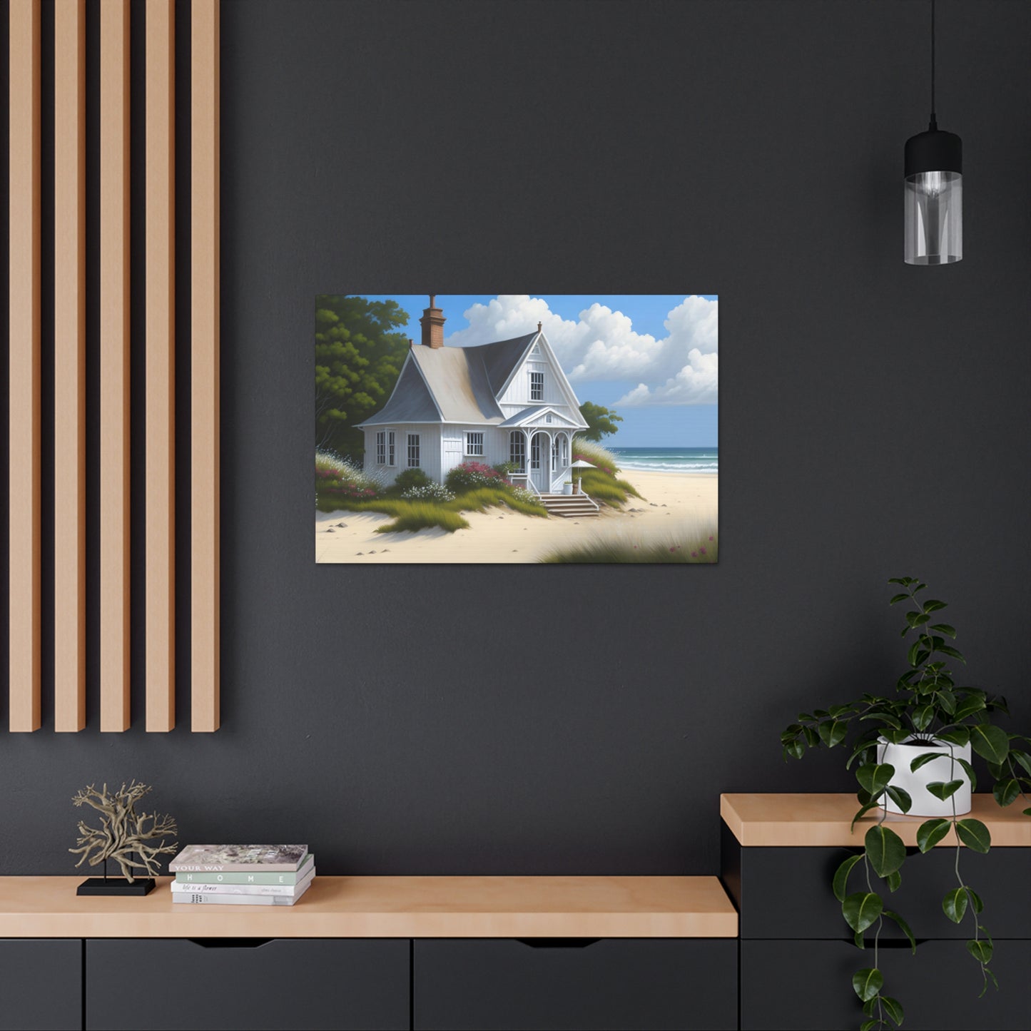 Coastal Retreat: Beach Cottage Canvas Wrap, Idyllic Coastal Landscapes, Serene Ocean Views, and Beachside Escapes, Sand Beaches.