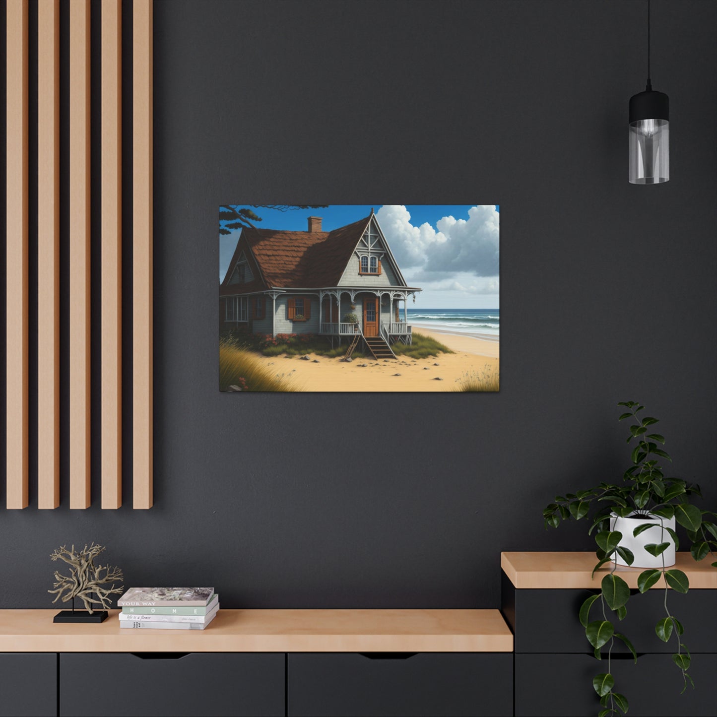 Coastal Retreat: Beach Cottage Canvas Wrap, Idyllic Coastal Landscapes, Serene Ocean Views, and Beachside Escapes, Sand Beaches.