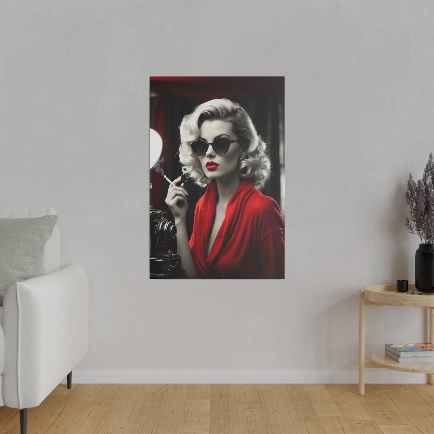 Classic Hollywood Glamour - Timeless Beauty in Red Canvas Print - Vintage-Inspired Starlet with Camera - Available from 8x10 to 32x48 inches