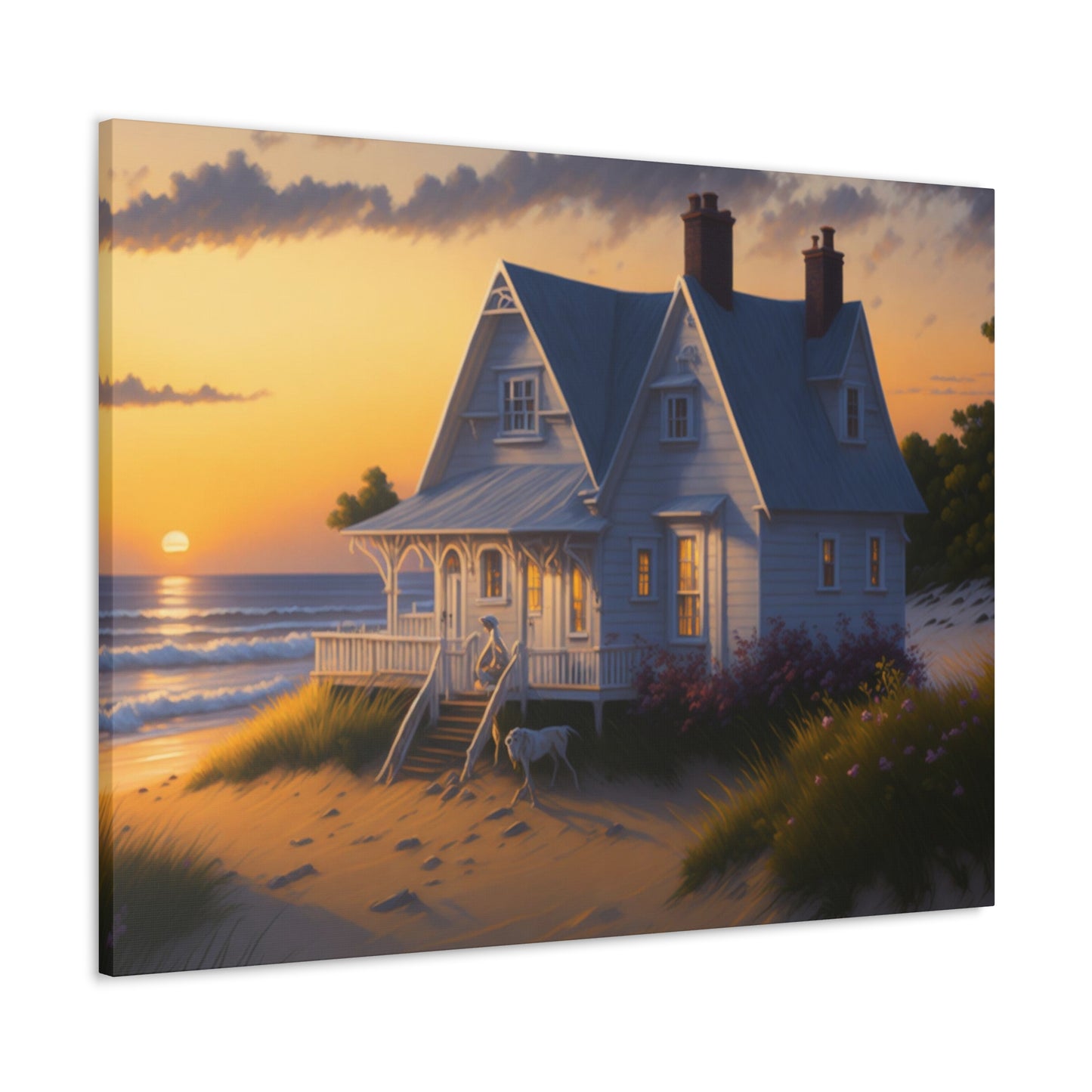 Coastal Retreat: Beach Cottage Canvas Wrap, Idyllic Coastal Landscapes, Serene Ocean Views, and Beachside Escapes, Sandy Beaches.