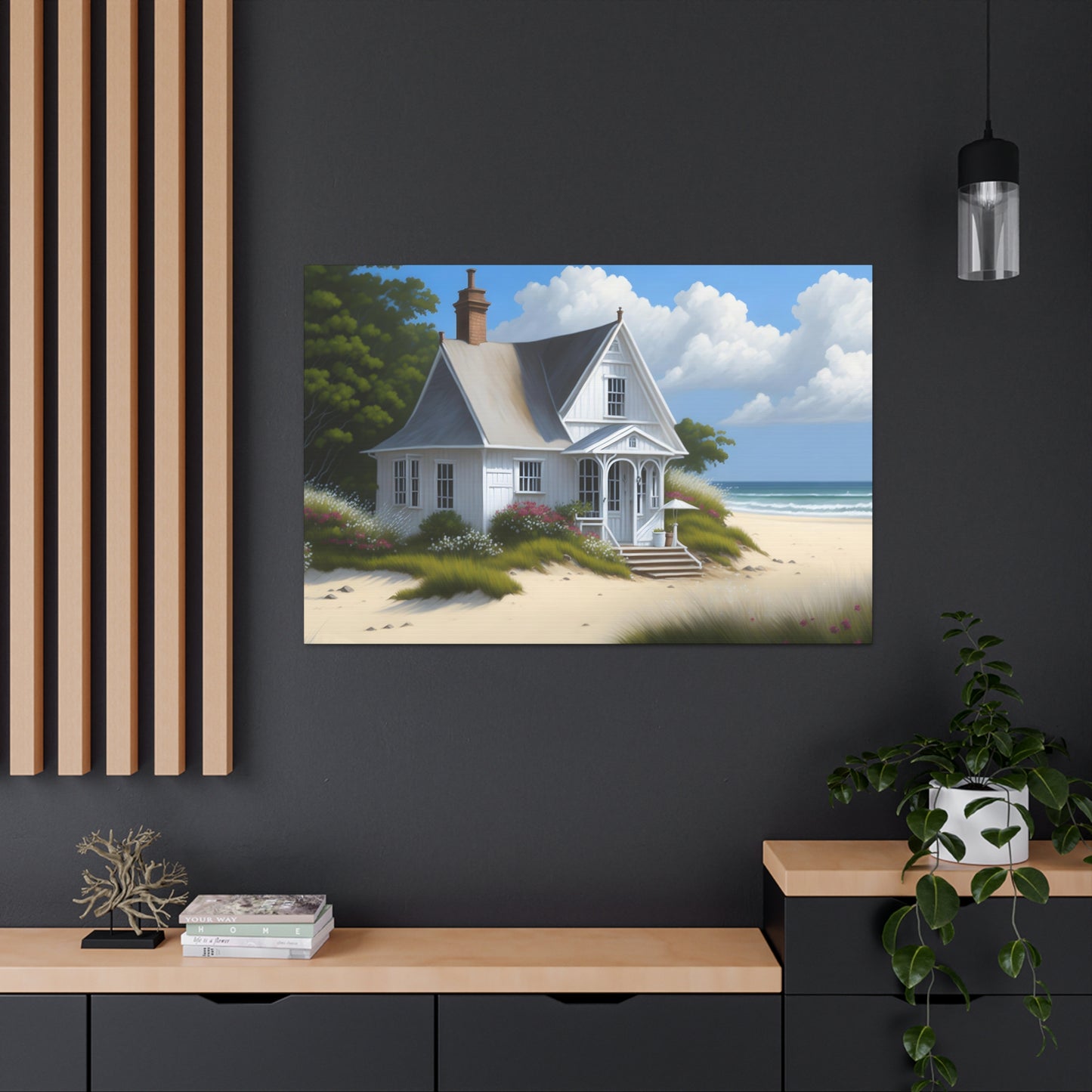 Coastal Retreat: Beach Cottage Canvas Wrap, Idyllic Coastal Landscapes, Serene Ocean Views, and Beachside Escapes, Sand Beaches.