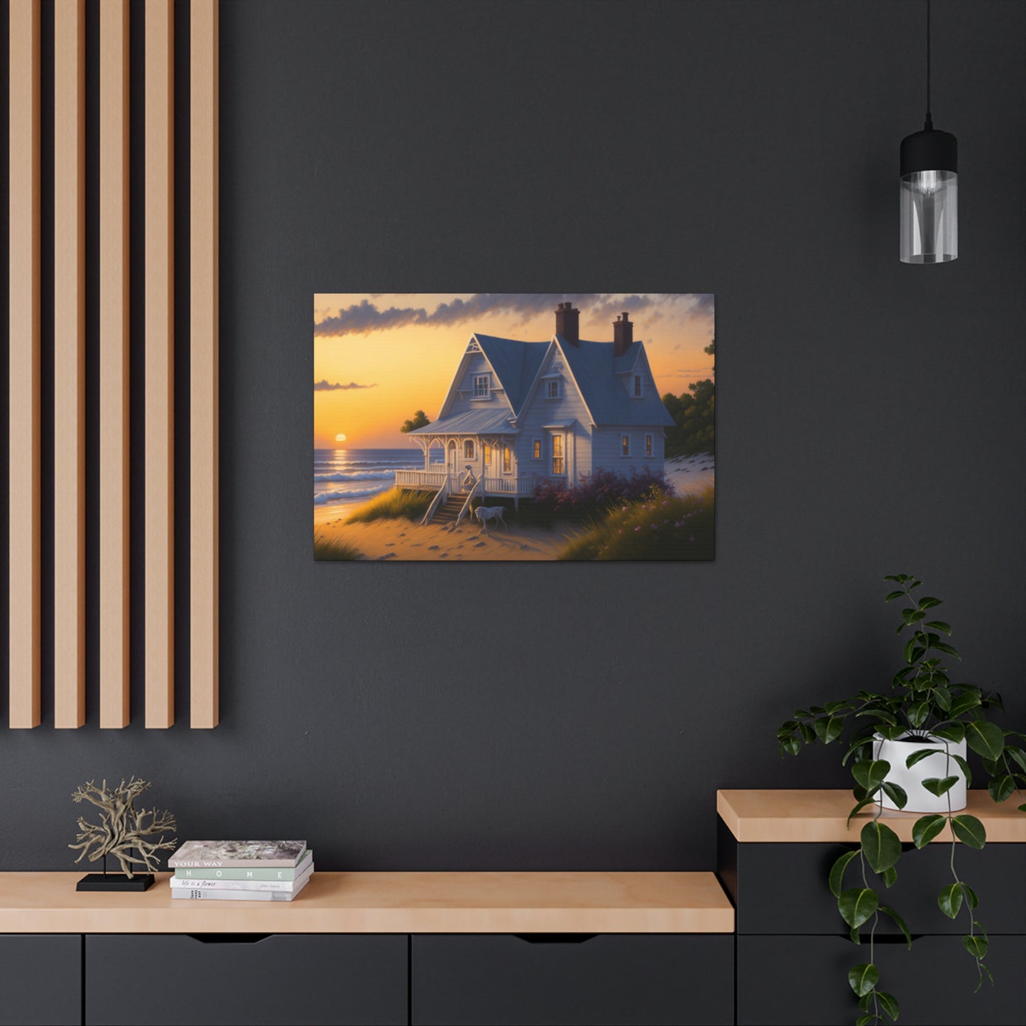 Coastal Retreat: Beach Cottage Canvas Wrap, Idyllic Coastal Landscapes, Serene Ocean Views, and Beachside Escapes, Sandy Beaches.