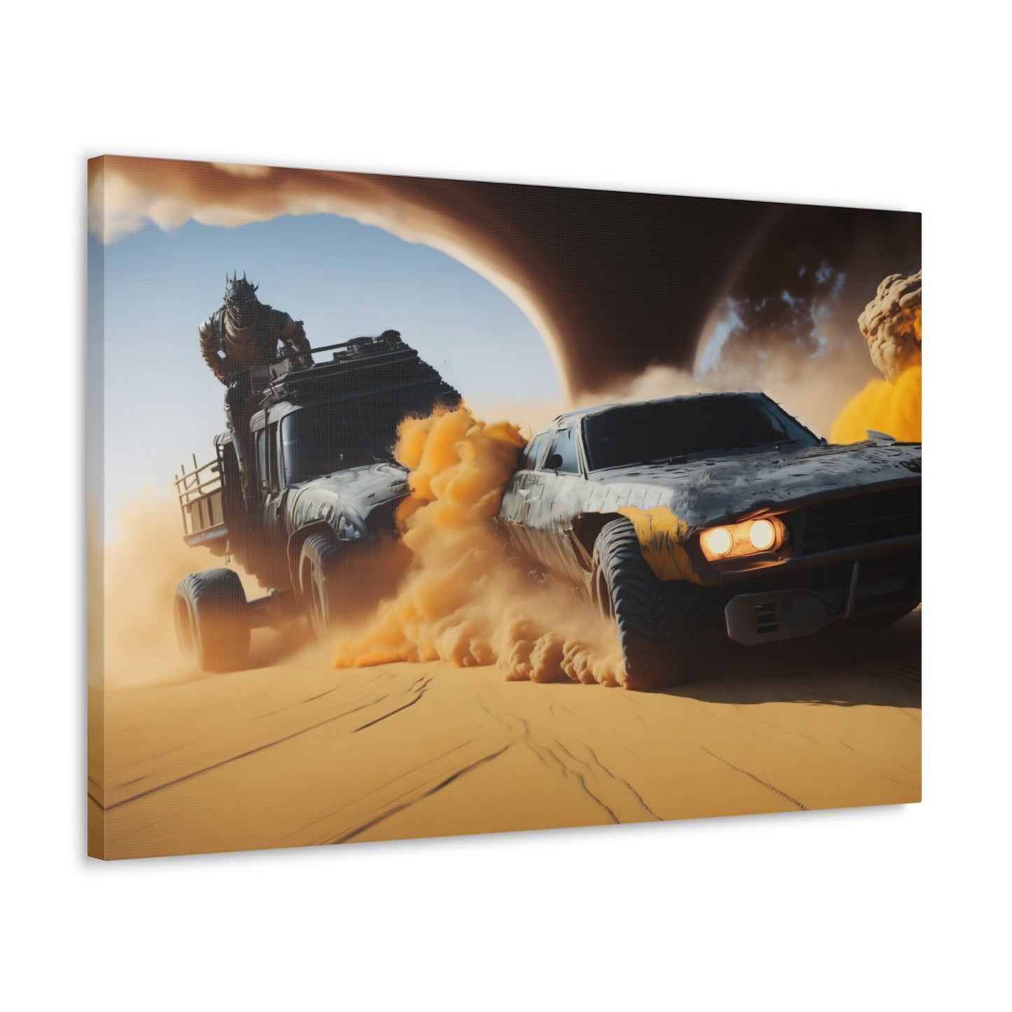 Apocalyptic Desert Chase Canvas Wall Art, Mad Max Style Vehicle Duel with Twister, Bold Living Room Decor, Adventure Seeker Gift