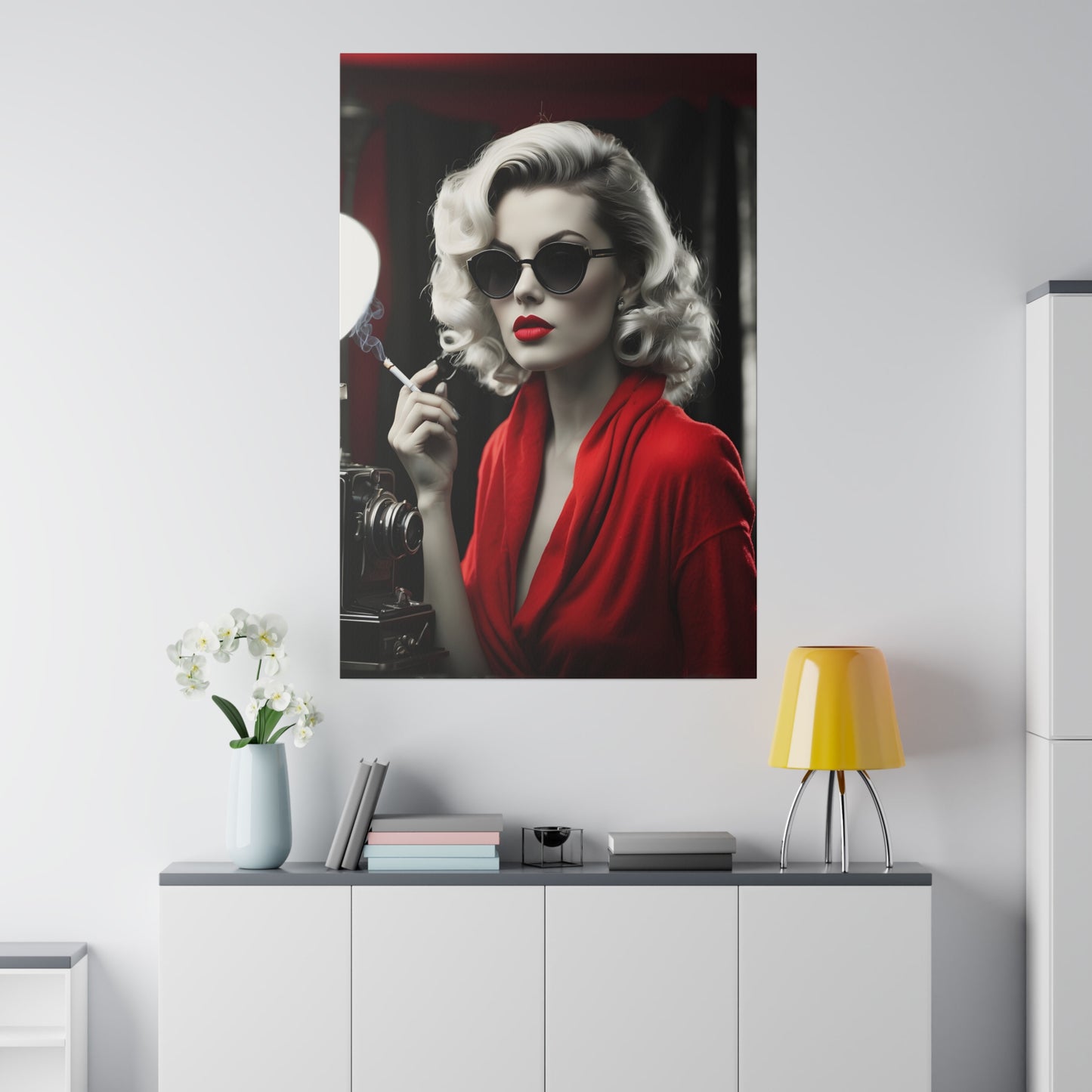 Classic Hollywood Glamour - Timeless Beauty in Red Canvas Print - Vintage-Inspired Starlet with Camera - Available from 8x10 to 32x48 inches