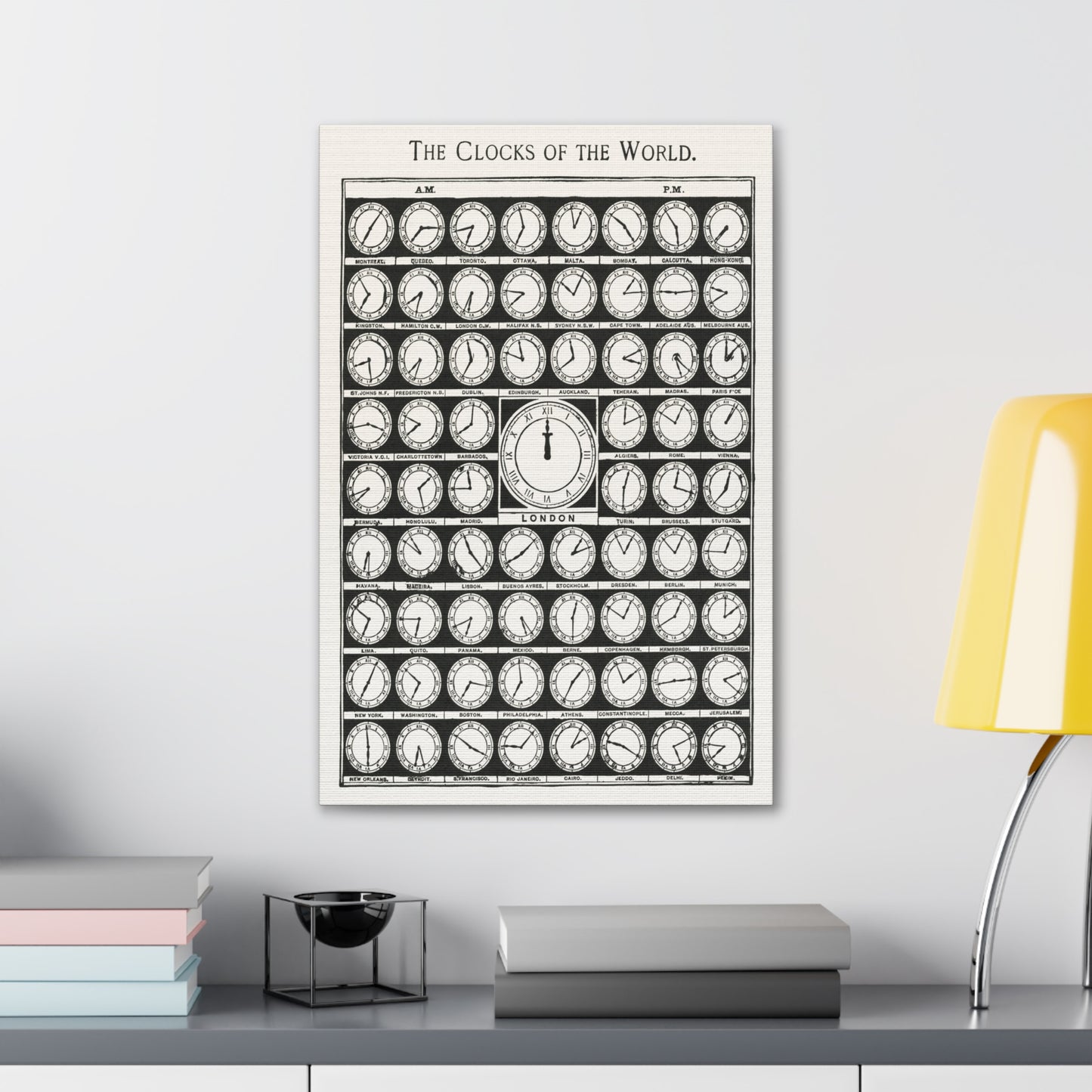 Clocks of the World Canvas Wrap Print, Vintage Time Zone Poster in Black and White, Ideal for Office Decor, Perfect Gift for Travelers