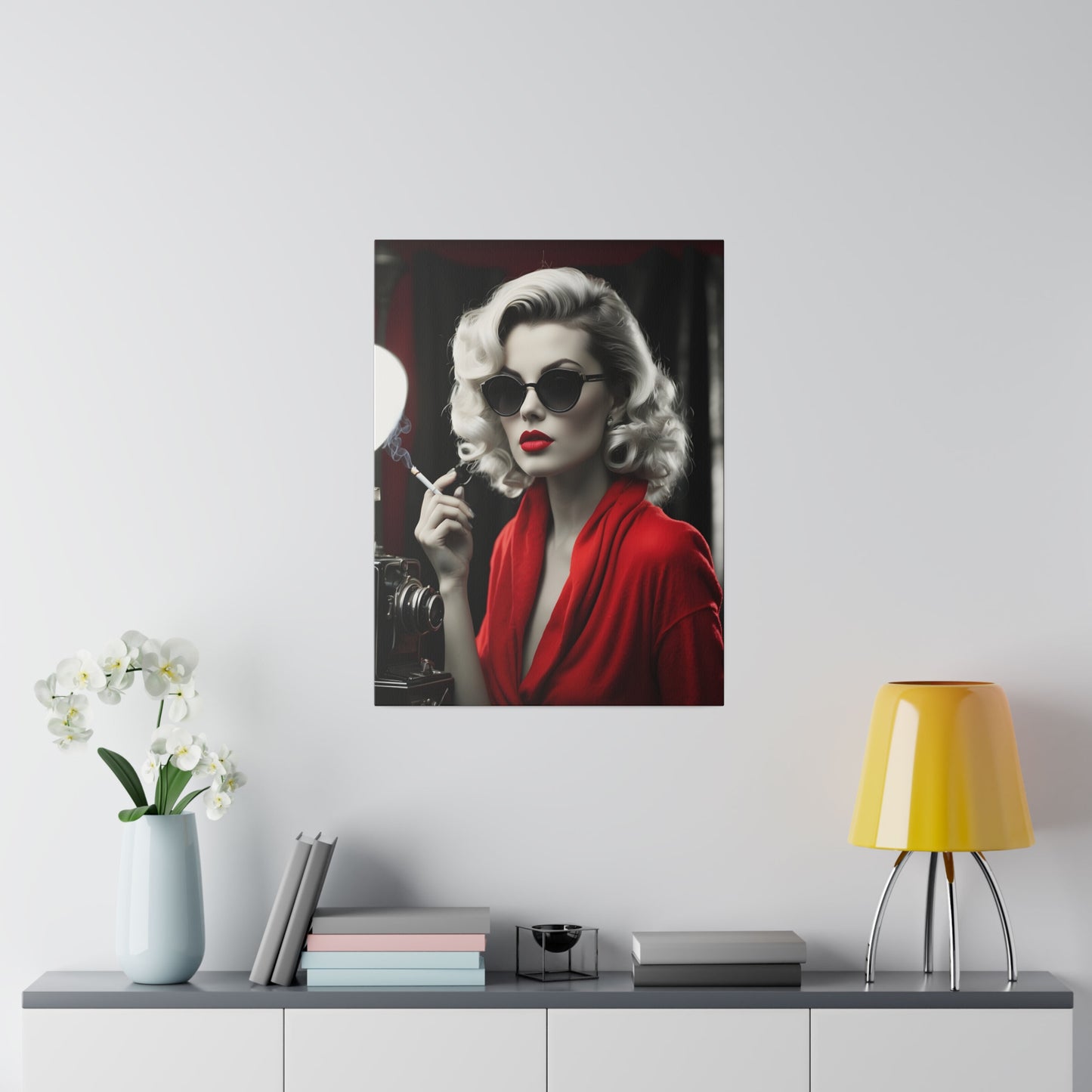 Classic Hollywood Glamour - Timeless Beauty in Red Canvas Print - Vintage-Inspired Starlet with Camera - Available from 8x10 to 32x48 inches