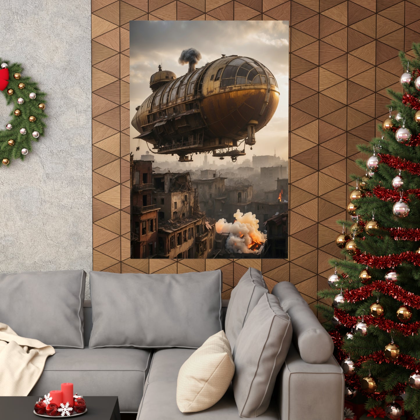 Steampunk Airship Poster - Rustic Dystopian Landscape Art Print - Wall Decor for Sci-Fi Enthusiasts - Great Gaming Room Decor