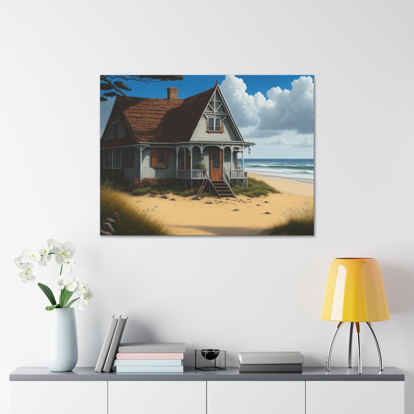 Coastal Retreat: Beach Cottage Canvas Wrap, Idyllic Coastal Landscapes, Serene Ocean Views, and Beachside Escapes, Sand Beaches.