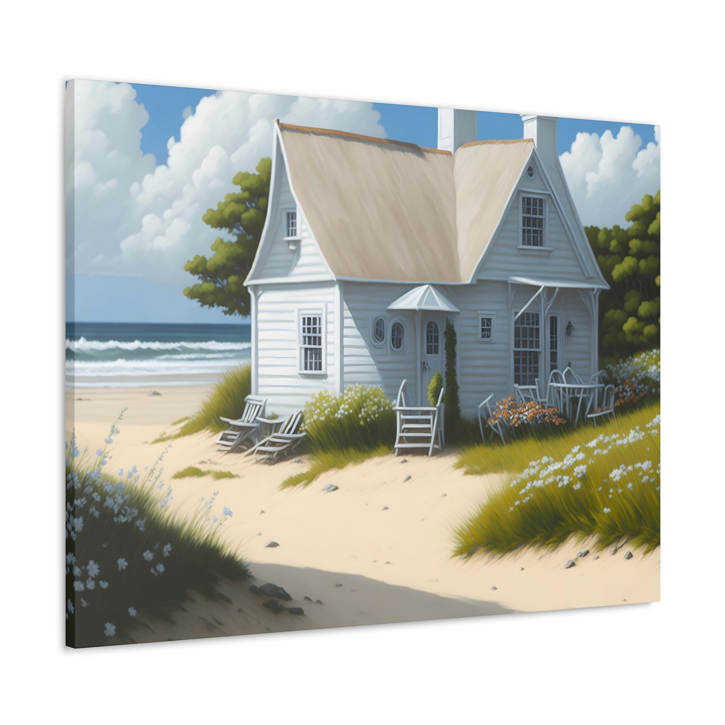 Coastal Retreat: Beach Cottage Canvas Wrap, Idyllic Coastal Landscapes, Serene Ocean Views, and Beachside Escapes, Sand Beaches.