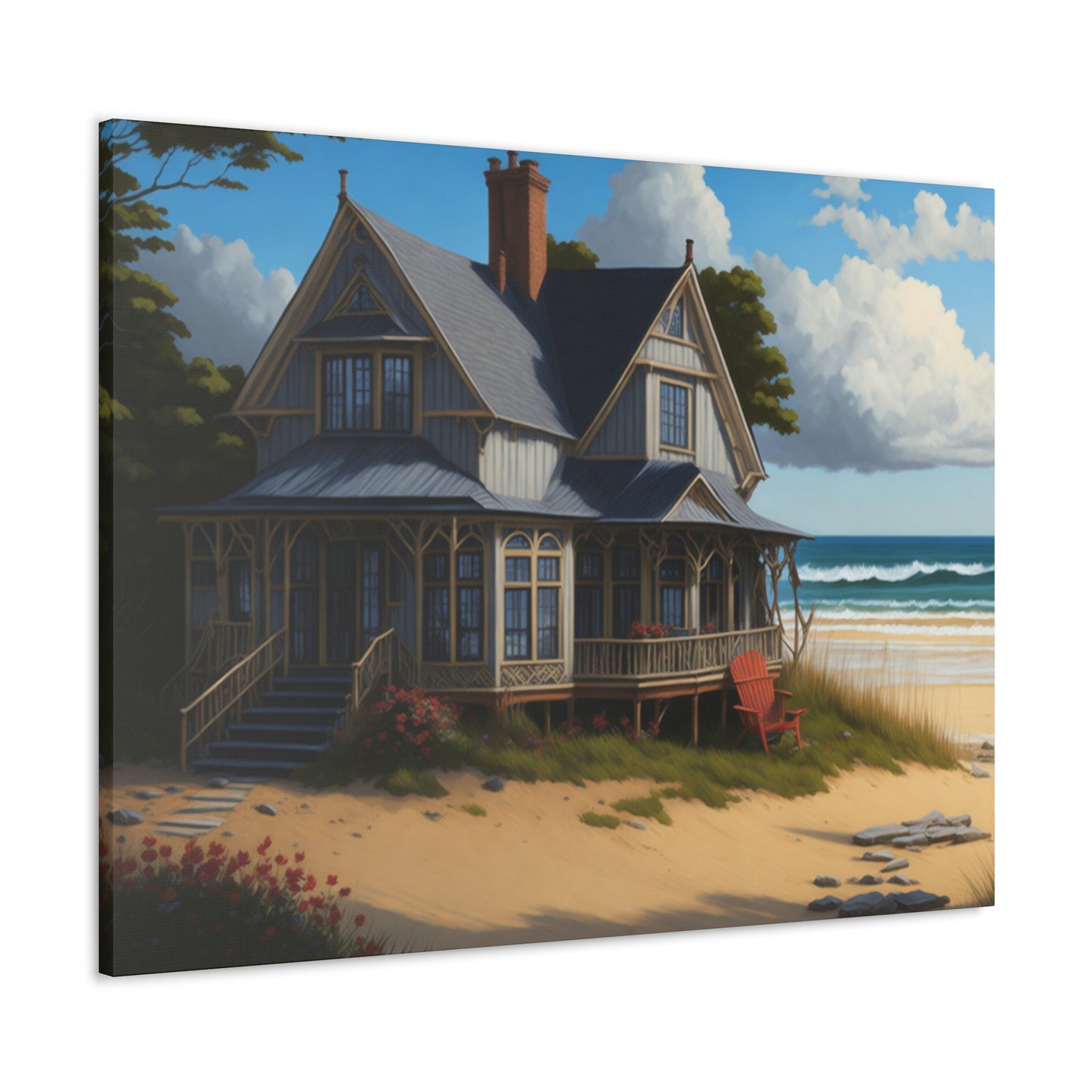 Coastal Retreat: Beach Cottage Canvas Wrap, Idyllic Coastal Landscapes, Serene Ocean Views, and Beachside Escapes, Sand Beaches.