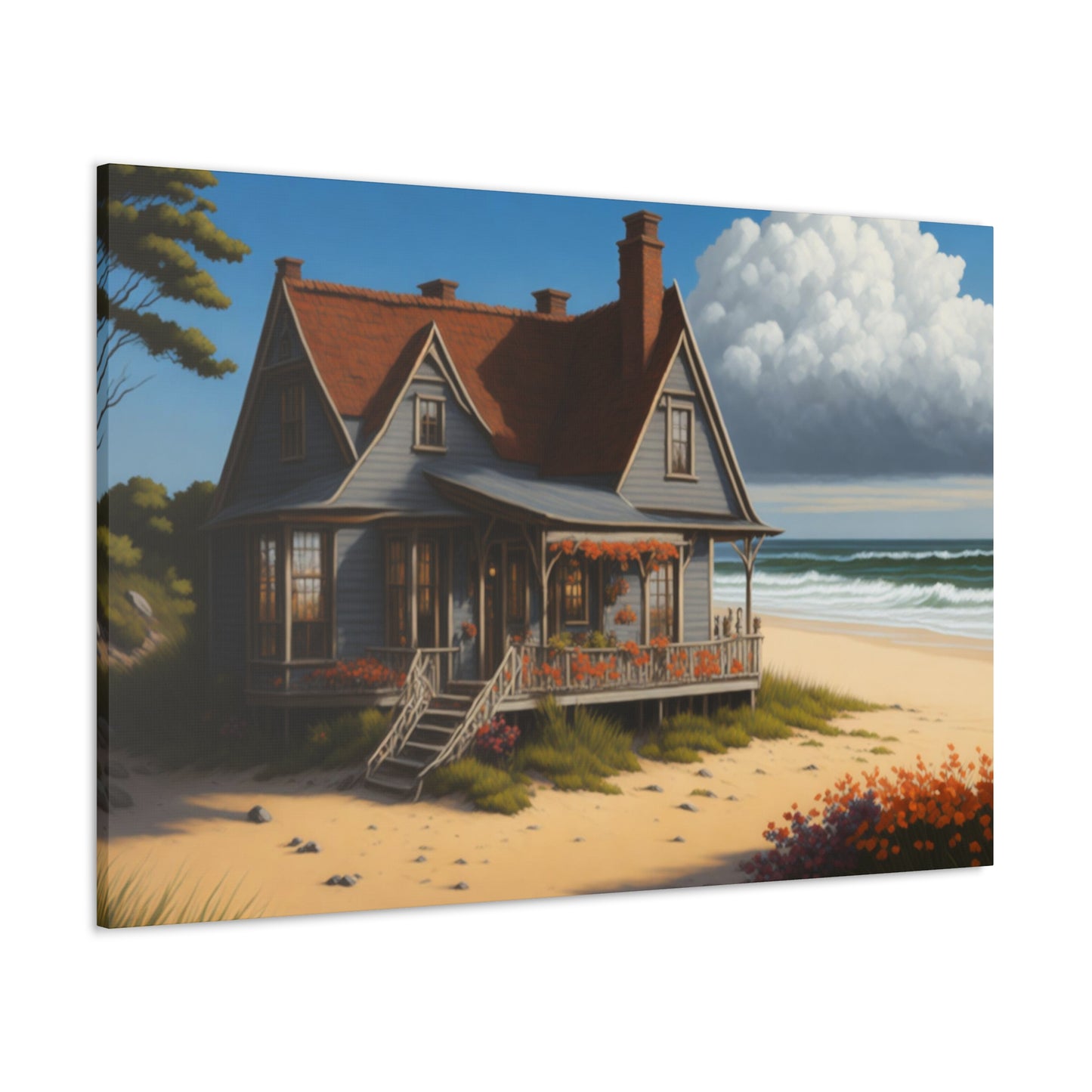 Coastal Retreat: Beach Cottage Canvas Wrap, Idyllic Coastal Landscapes, Serene Ocean Views, and Beachside Escapes, Sand Beaches.