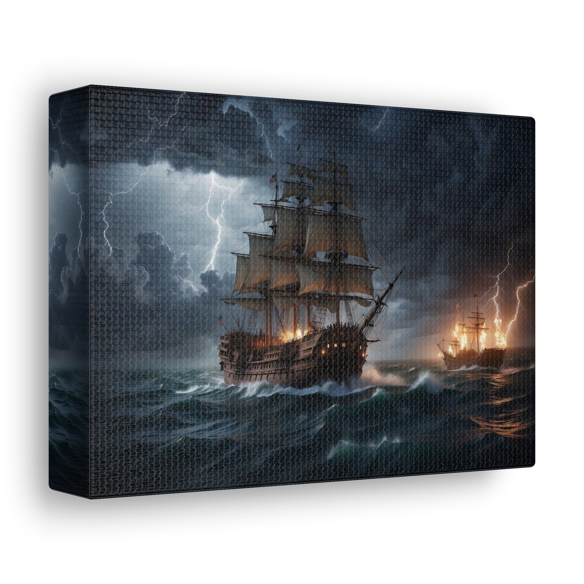 A canvas-wrapped print of a vintage tall ship at sea in battle during a storm. 