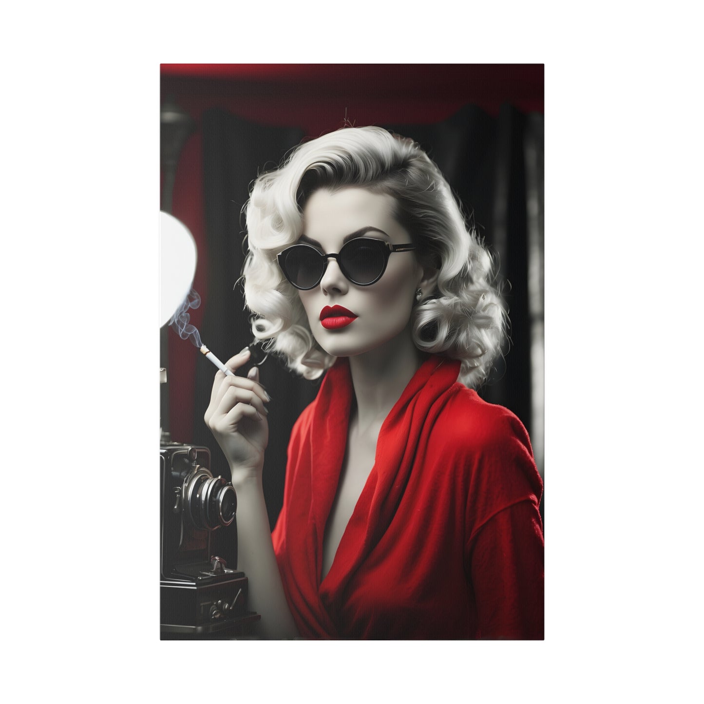 Classic Hollywood Glamour - Timeless Beauty in Red Canvas Print - Vintage-Inspired Starlet with Camera - Available from 8x10 to 32x48 inches