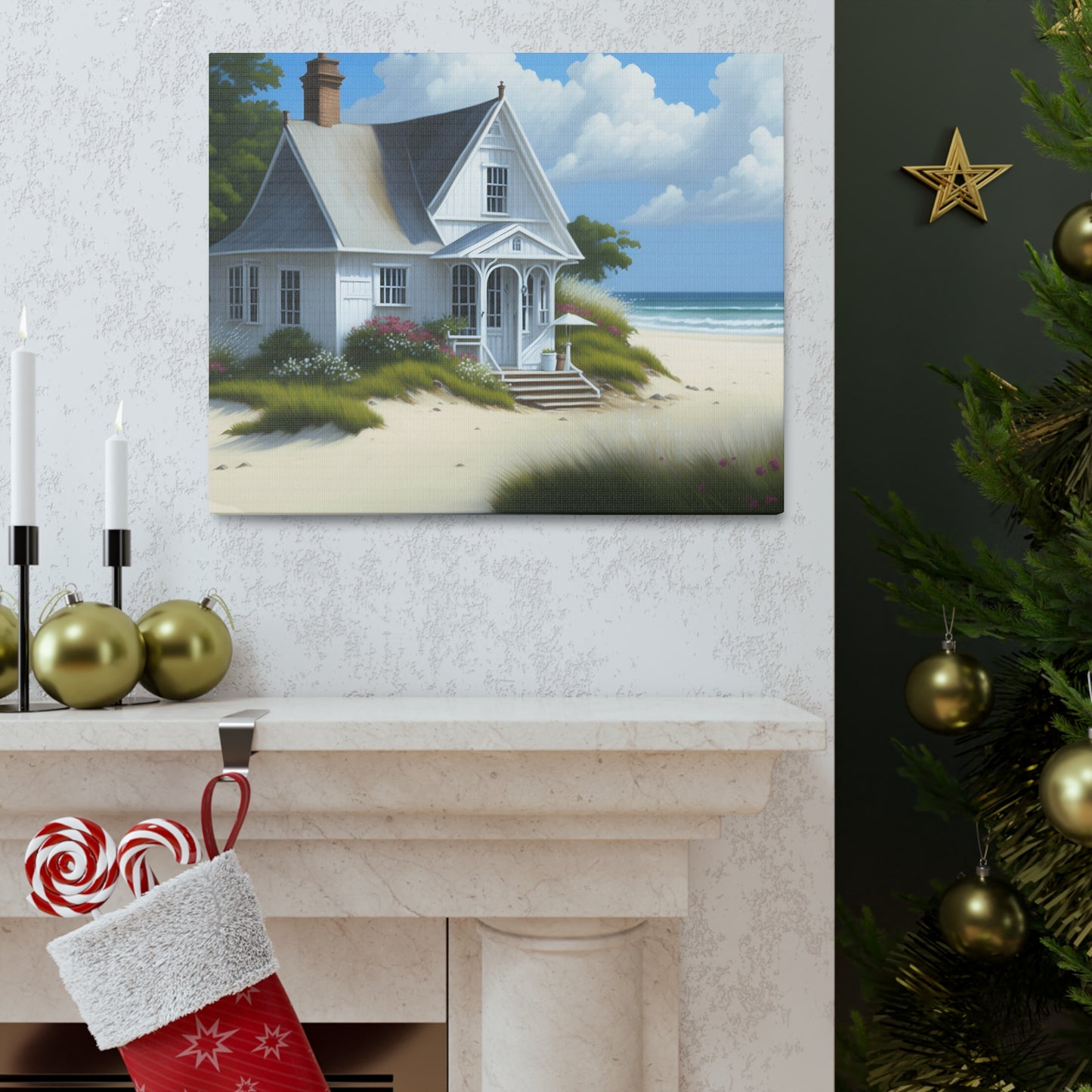 Coastal Retreat: Beach Cottage Canvas Wrap, Idyllic Coastal Landscapes, Serene Ocean Views, and Beachside Escapes, Sand Beaches.