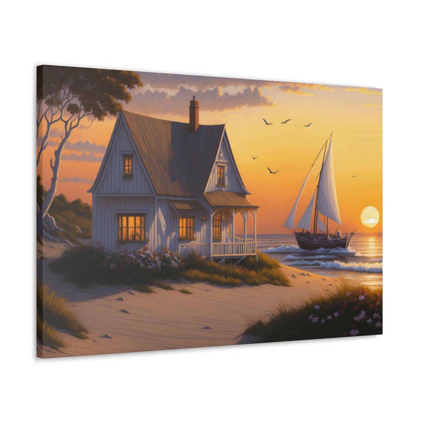 Coastal Retreat: Beach Cottage Canvas Wrap, Idyllic Coastal Landscapes, Serene Ocean Views, and Beachside Escapes, Sandy Beaches.