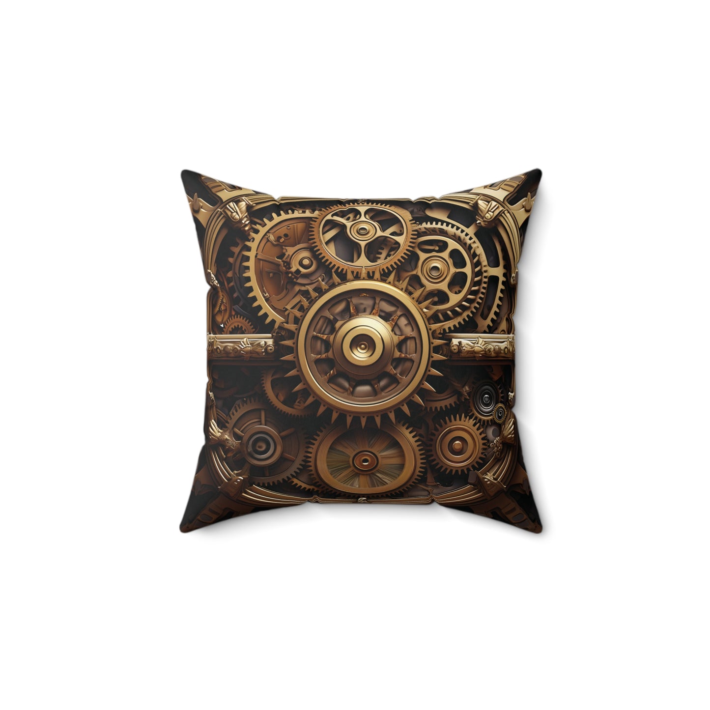 Steampunk Throw Pillow - Golden Gears on Tan, Spun Square Polyester Cushion for Home Decor, Unique Gift for Sci-Fi Fans