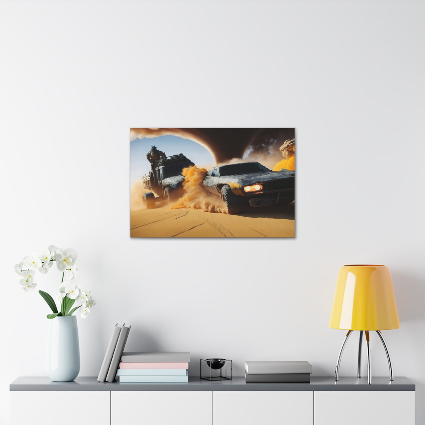 Apocalyptic Desert Chase Canvas Wall Art, Mad Max Style Vehicle Duel with Twister, Bold Living Room Decor, Adventure Seeker Gift