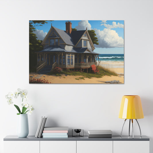 Coastal Retreat: Beach Cottage Canvas Wrap, Idyllic Coastal Landscapes, Serene Ocean Views, and Beachside Escapes, Sand Beaches.