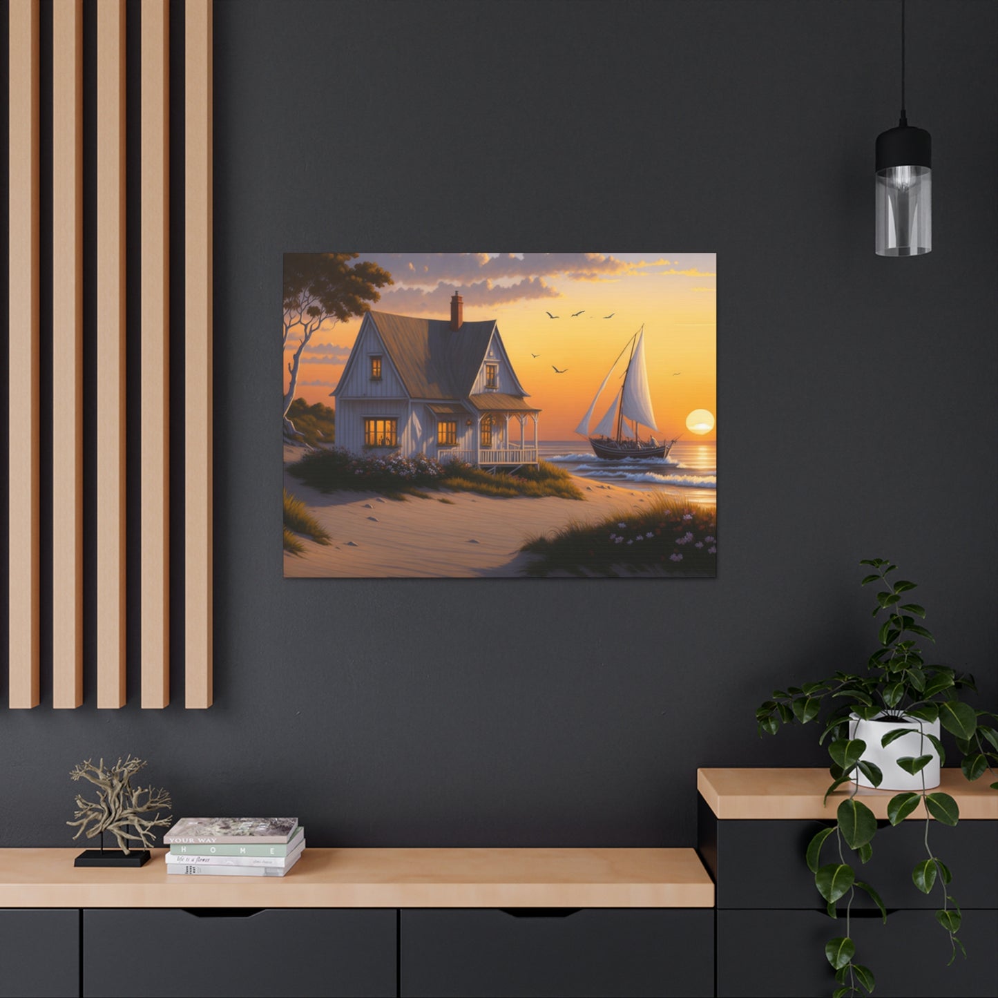 Coastal Retreat: Beach Cottage Canvas Wrap, Idyllic Coastal Landscapes, Serene Ocean Views, and Beachside Escapes, Sandy Beaches.