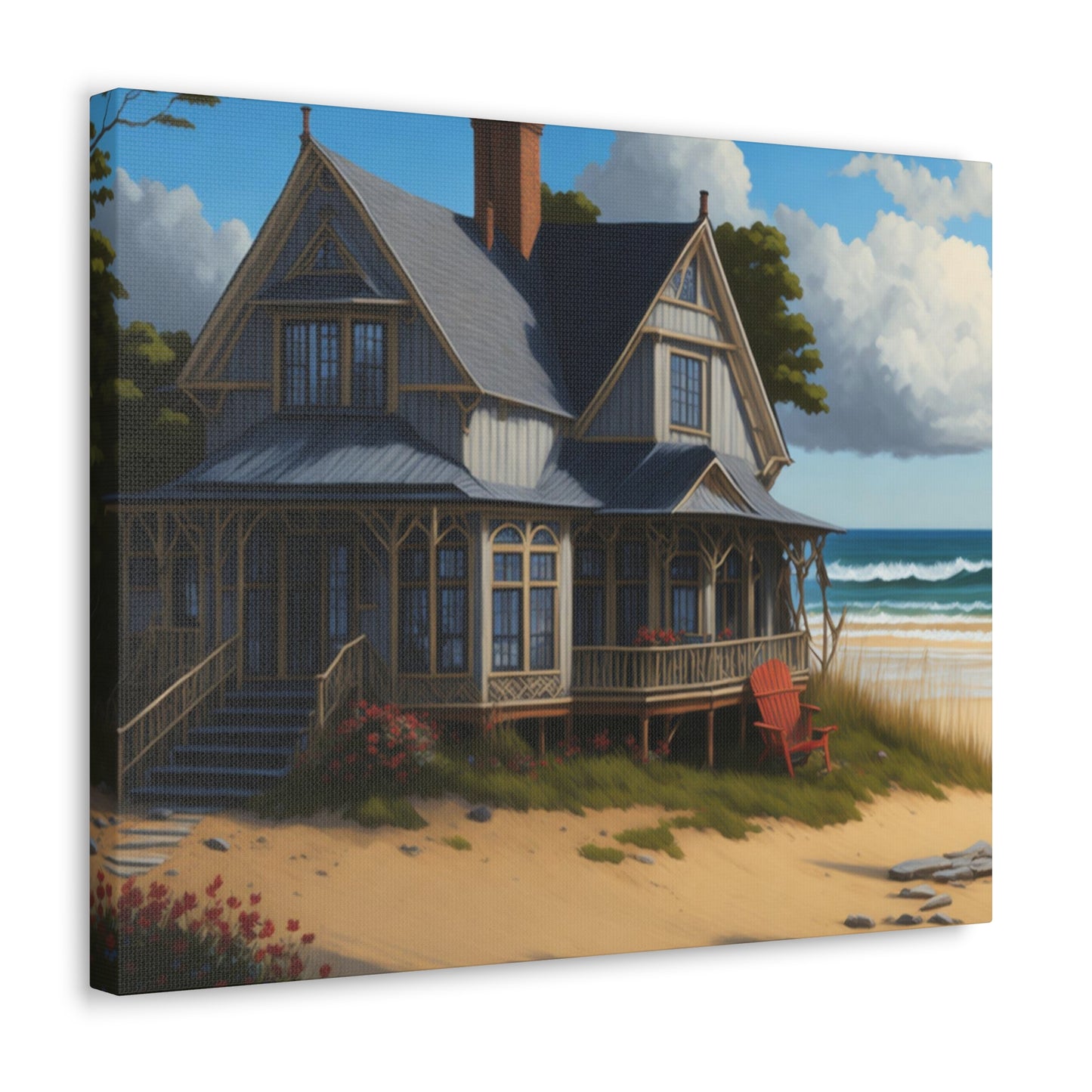 Coastal Retreat: Beach Cottage Canvas Wrap, Idyllic Coastal Landscapes, Serene Ocean Views, and Beachside Escapes, Sand Beaches.