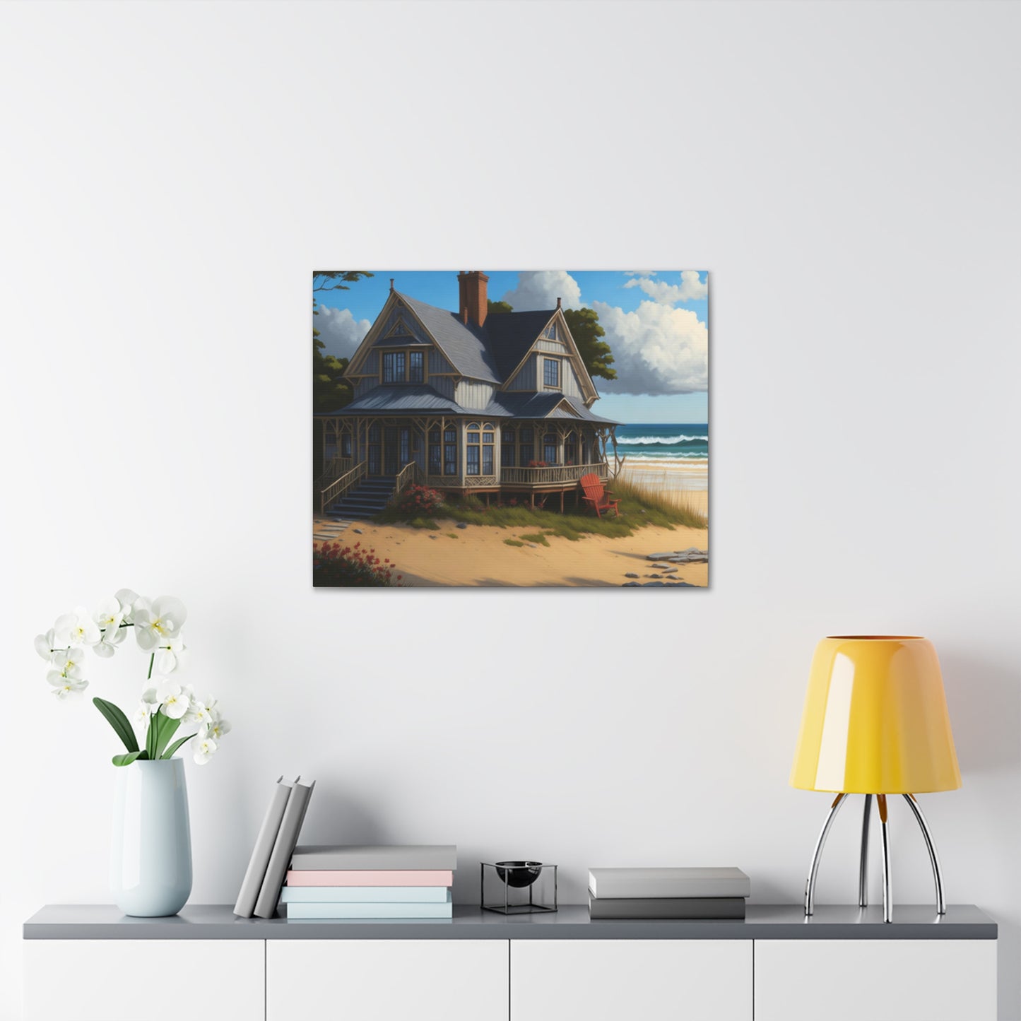 Coastal Retreat: Beach Cottage Canvas Wrap, Idyllic Coastal Landscapes, Serene Ocean Views, and Beachside Escapes, Sand Beaches.