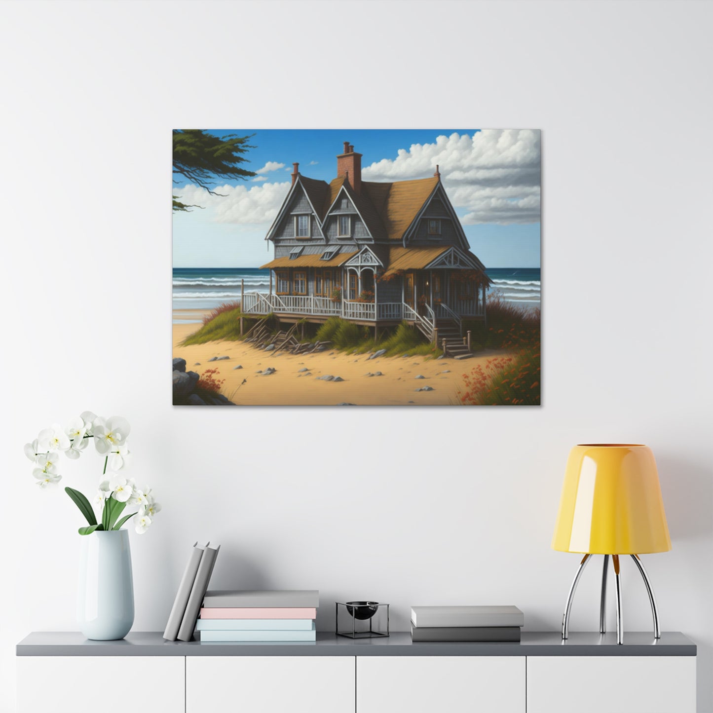 Coastal Retreat: Beach Cottage Canvas Wrap, Idyllic Coastal Landscapes, Serene Ocean Views, and Beachside Escapes, Sand Beaches.