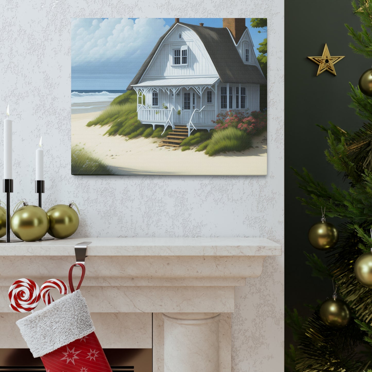 Coastal Retreat: Beach Cottage Canvas Wrap, Idyllic Coastal Landscapes, Serene Ocean Views, and Beachside Escapes.