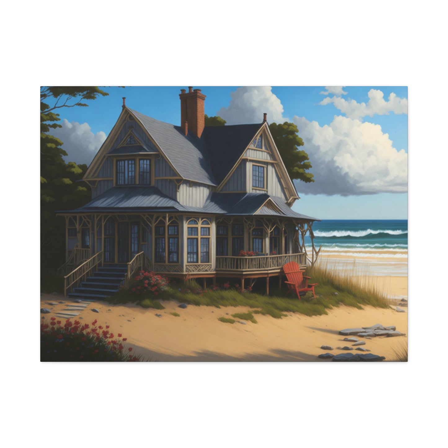 Coastal Retreat: Beach Cottage Canvas Wrap, Idyllic Coastal Landscapes, Serene Ocean Views, and Beachside Escapes, Sand Beaches.