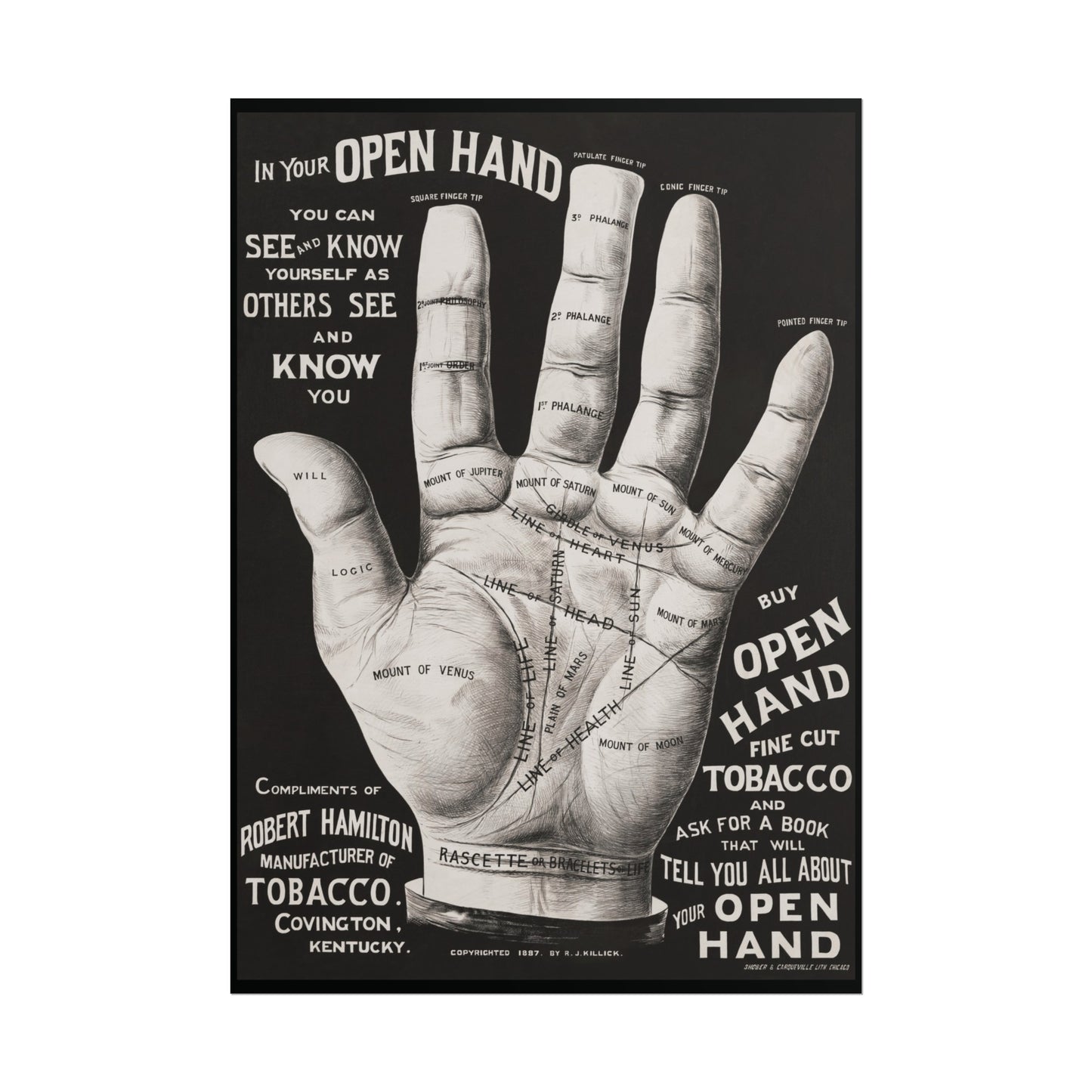 Vintage Palmistry Hand Poster | Open Hand Fine Cut Tobacco | Five Sizes Available | Retro Wall Art | Occult Décor | 1887 Advertisement