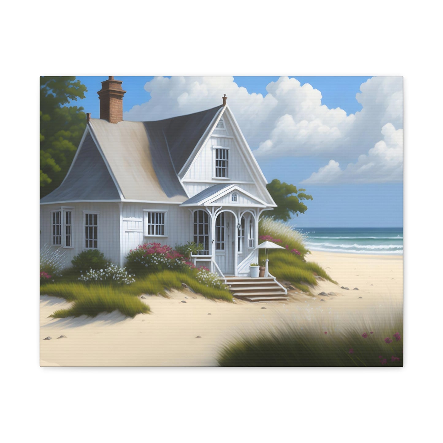 Coastal Retreat: Beach Cottage Canvas Wrap, Idyllic Coastal Landscapes, Serene Ocean Views, and Beachside Escapes, Sand Beaches.