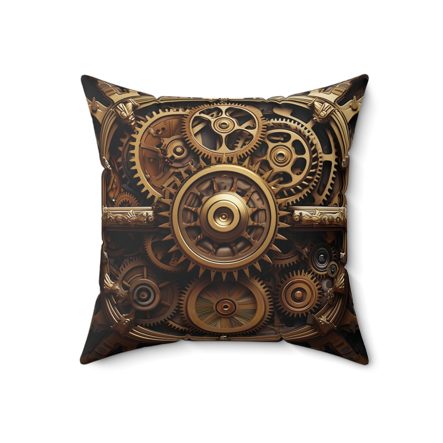 Steampunk Throw Pillow - Golden Gears on Tan, Spun Square Polyester Cushion for Home Decor, Unique Gift for Sci-Fi Fans