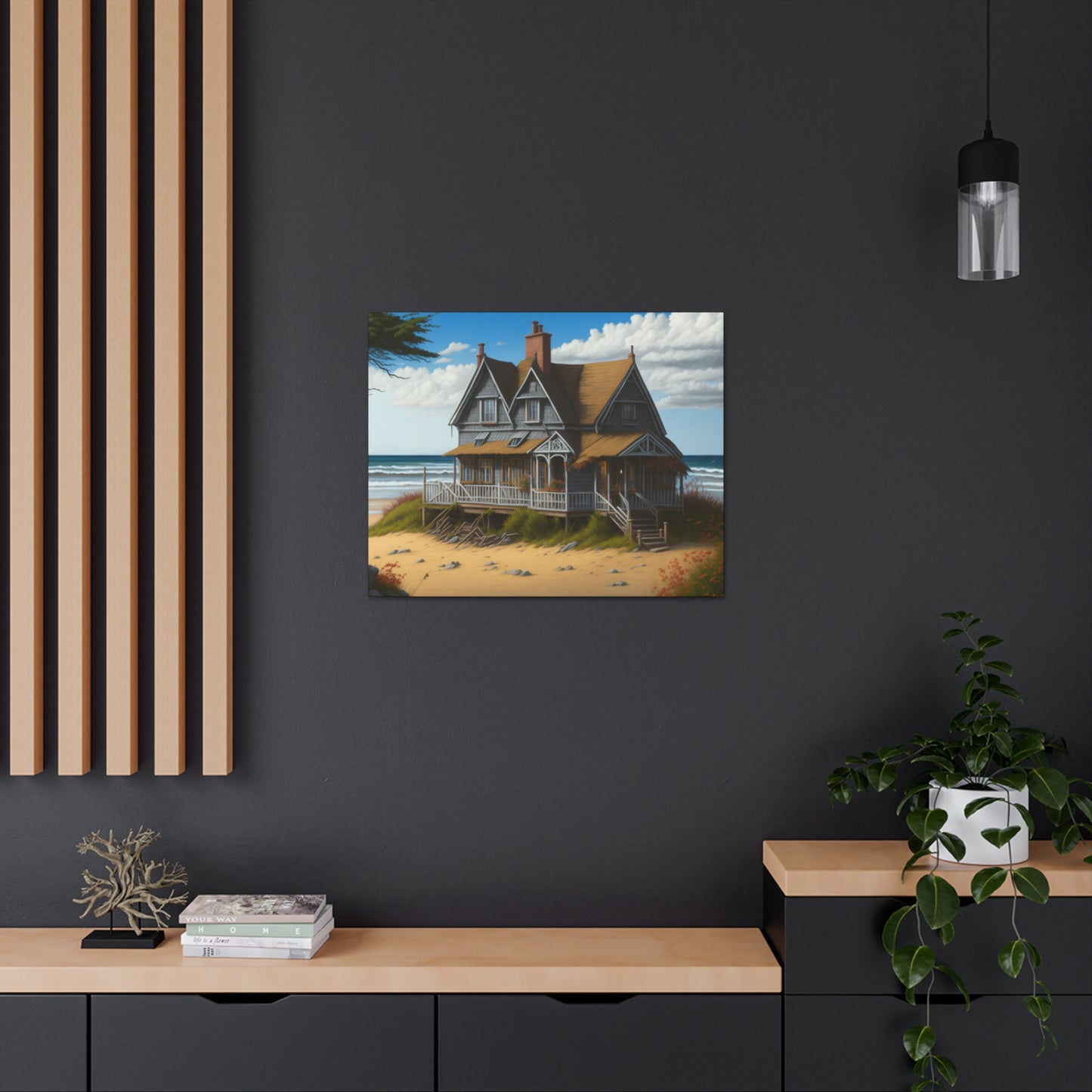 Coastal Retreat: Beach Cottage Canvas Wrap, Idyllic Coastal Landscapes, Serene Ocean Views, and Beachside Escapes, Sand Beaches.