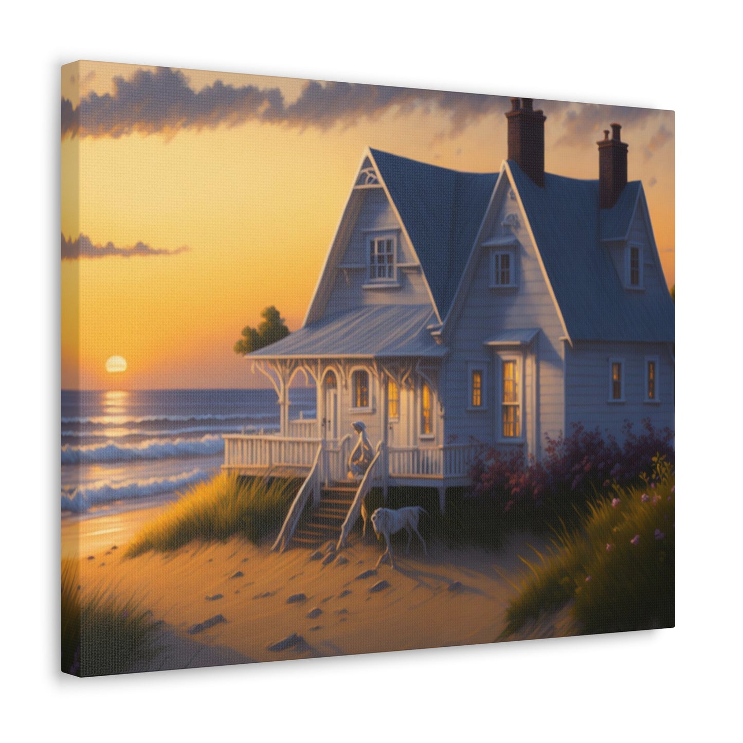 Coastal Retreat: Beach Cottage Canvas Wrap, Idyllic Coastal Landscapes, Serene Ocean Views, and Beachside Escapes, Sandy Beaches.