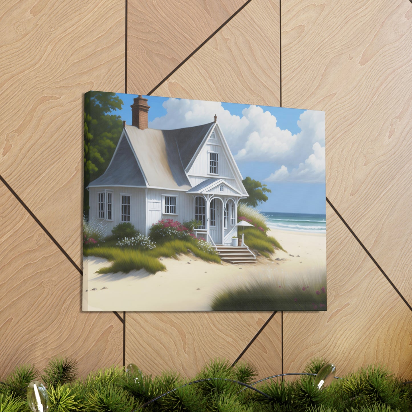 Coastal Retreat: Beach Cottage Canvas Wrap, Idyllic Coastal Landscapes, Serene Ocean Views, and Beachside Escapes, Sand Beaches.