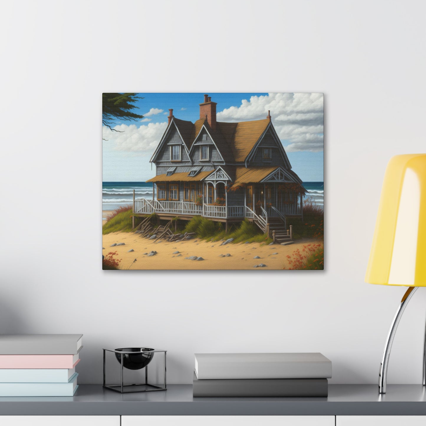 Coastal Retreat: Beach Cottage Canvas Wrap, Idyllic Coastal Landscapes, Serene Ocean Views, and Beachside Escapes, Sand Beaches.