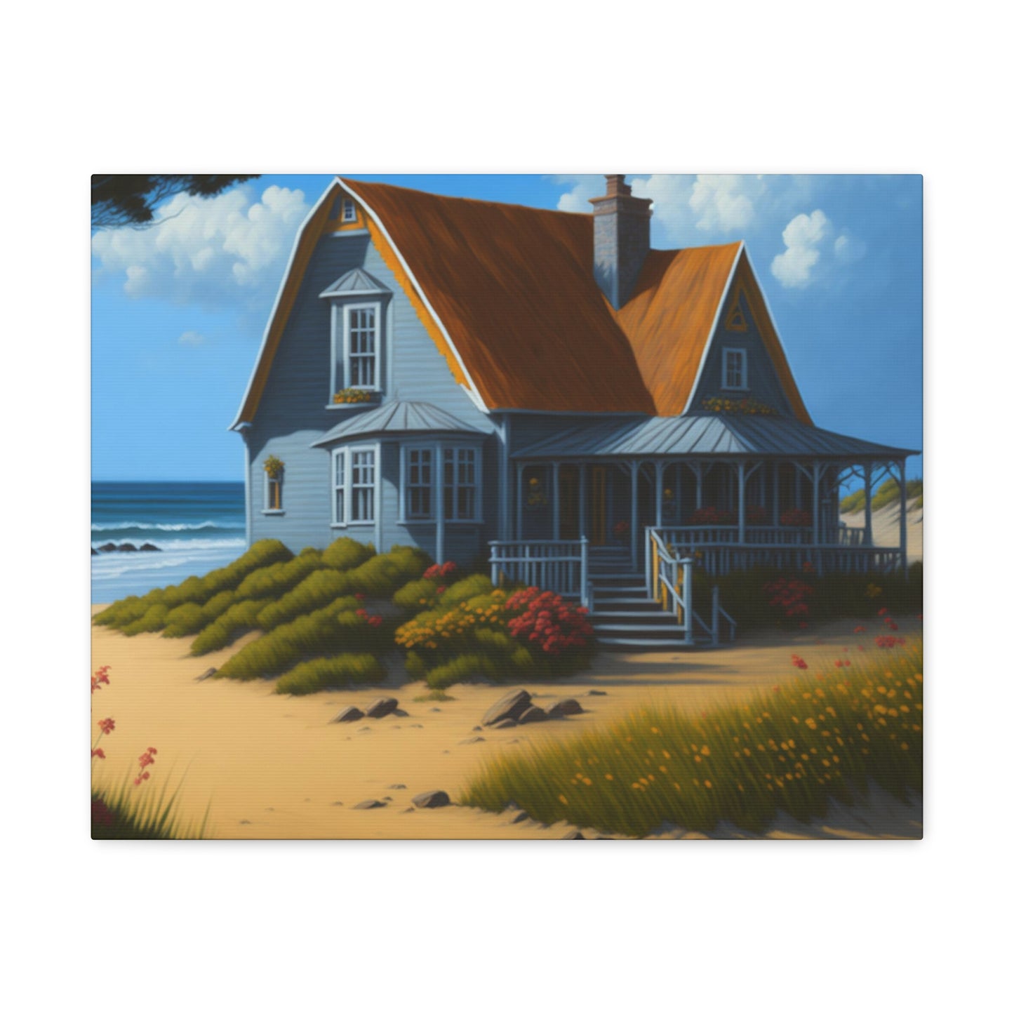 Coastal Retreat: Beach Cottage Canvas Wrap, Idyllic Coastal Landscapes, Serene Ocean Views, and Beachside Escapes, Sand Beaches.