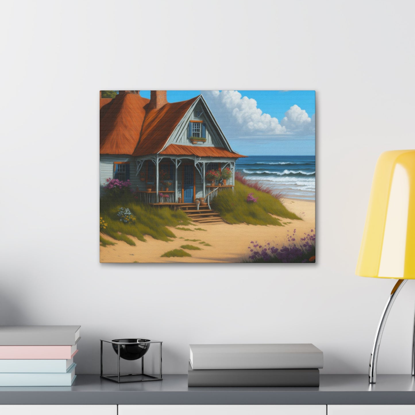 Coastal Retreat: Beach Cottage Canvas Wrap, Idyllic Coastal Landscapes, Serene Ocean Views, and Beachside Escapes, Sand Beaches.