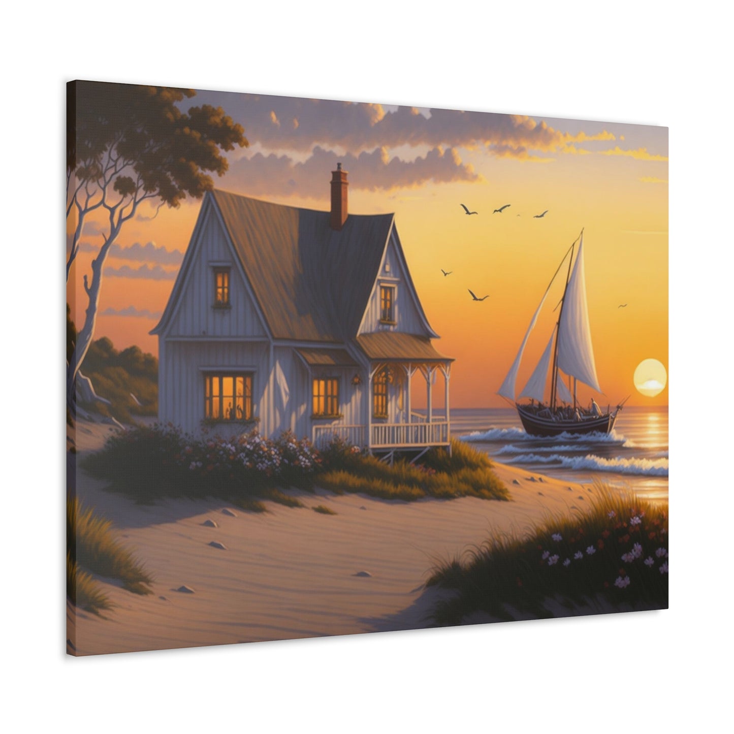 Coastal Retreat: Beach Cottage Canvas Wrap, Idyllic Coastal Landscapes, Serene Ocean Views, and Beachside Escapes, Sandy Beaches.