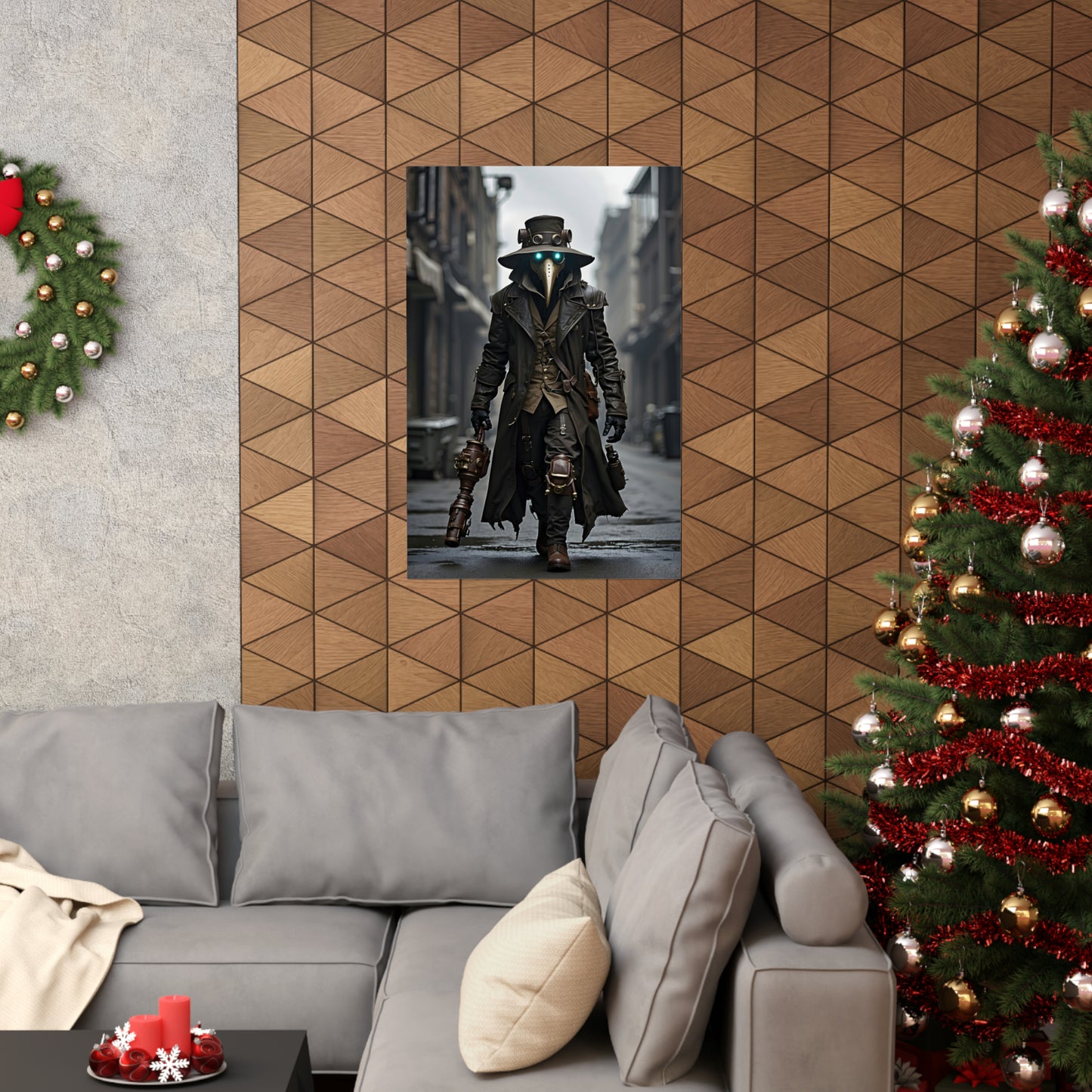 Steampunk Plague Doctor Poster, Modern Art Print with Leather Coat & Green Eyes, Gothic Wall Decor, Unique Gift for Sci-Fi Fans