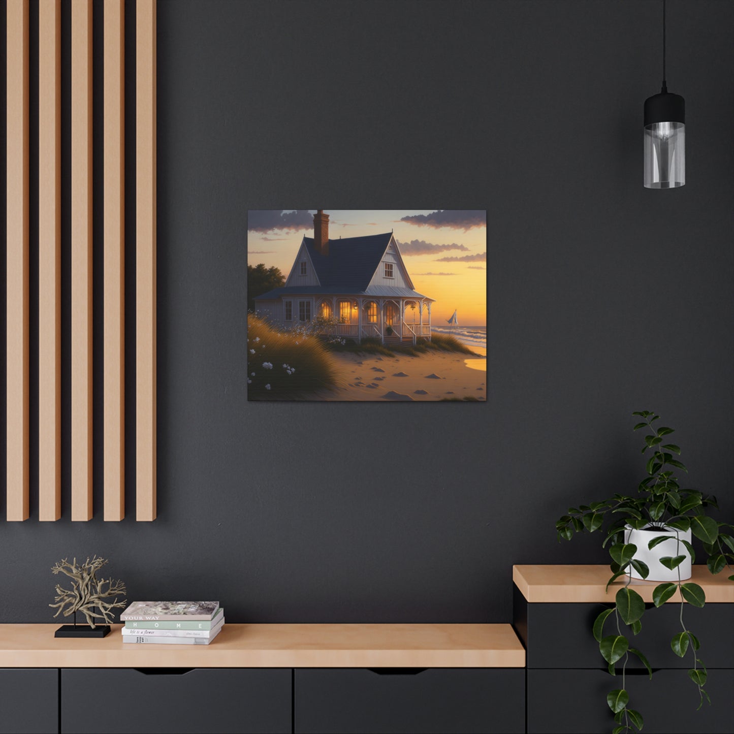 Coastal Retreat: Beach Cottage Canvas Wrap, Idyllic Coastal Landscapes, Serene Ocean Views, and Beachside Escapes, Sand Beaches.