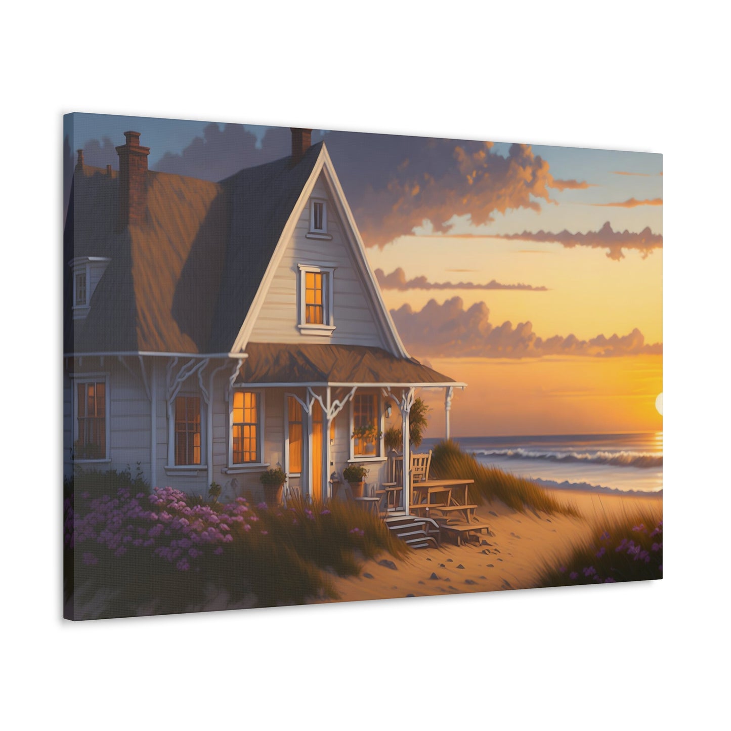 Coastal Retreat: Beach Cottage Canvas Wrap, Idyllic Coastal Landscapes, Serene Ocean Views, and Beachside Escapes Canvas Wrap Art