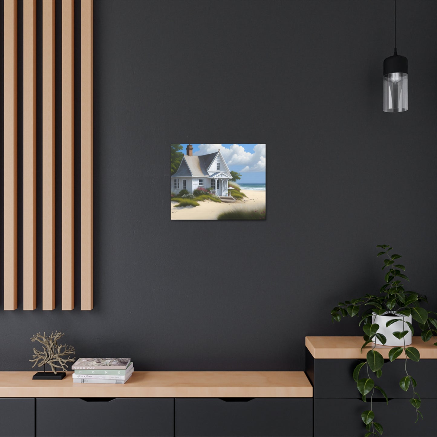 Coastal Retreat: Beach Cottage Canvas Wrap, Idyllic Coastal Landscapes, Serene Ocean Views, and Beachside Escapes, Sand Beaches.