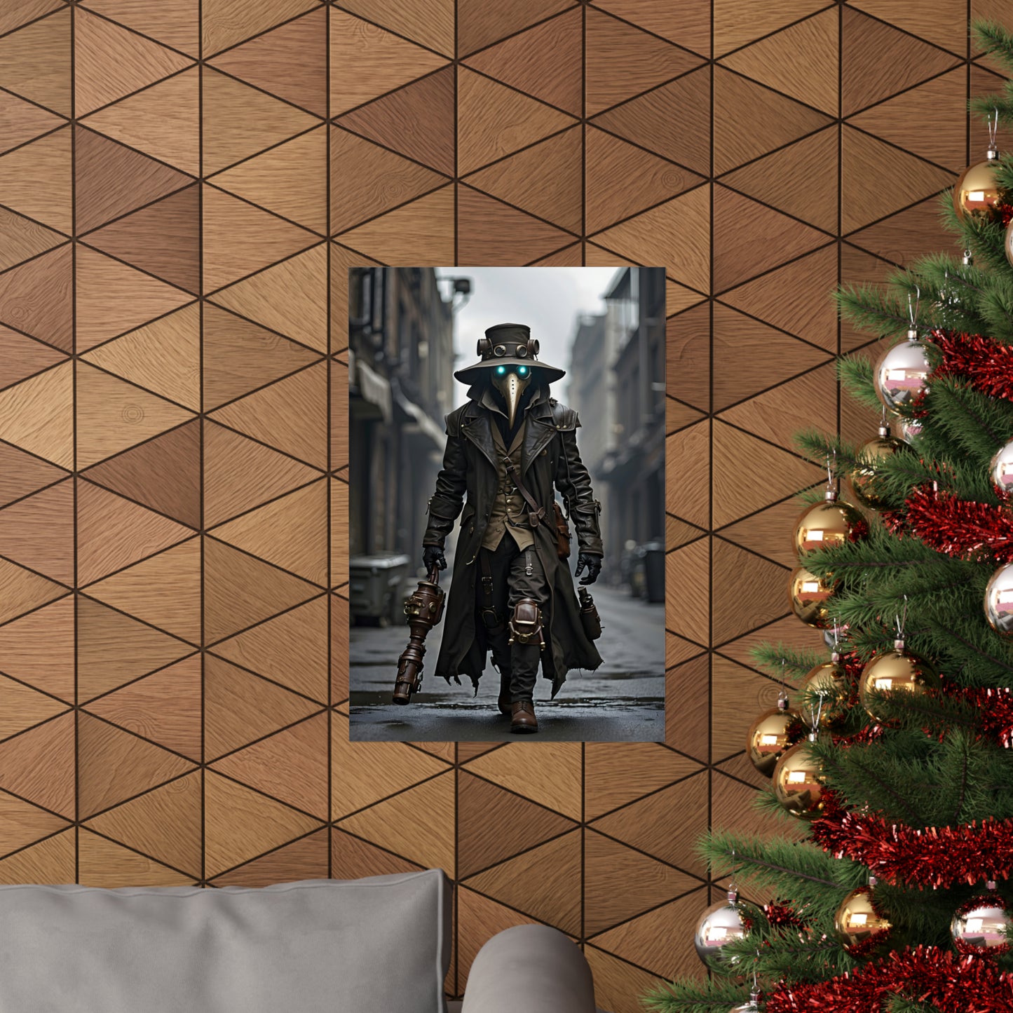 Steampunk Plague Doctor Poster, Modern Art Print with Leather Coat & Green Eyes, Gothic Wall Decor, Unique Gift for Sci-Fi Fans