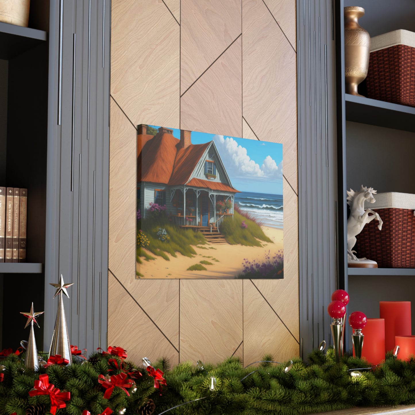 Coastal Retreat: Beach Cottage Canvas Wrap, Idyllic Coastal Landscapes, Serene Ocean Views, and Beachside Escapes, Sand Beaches.