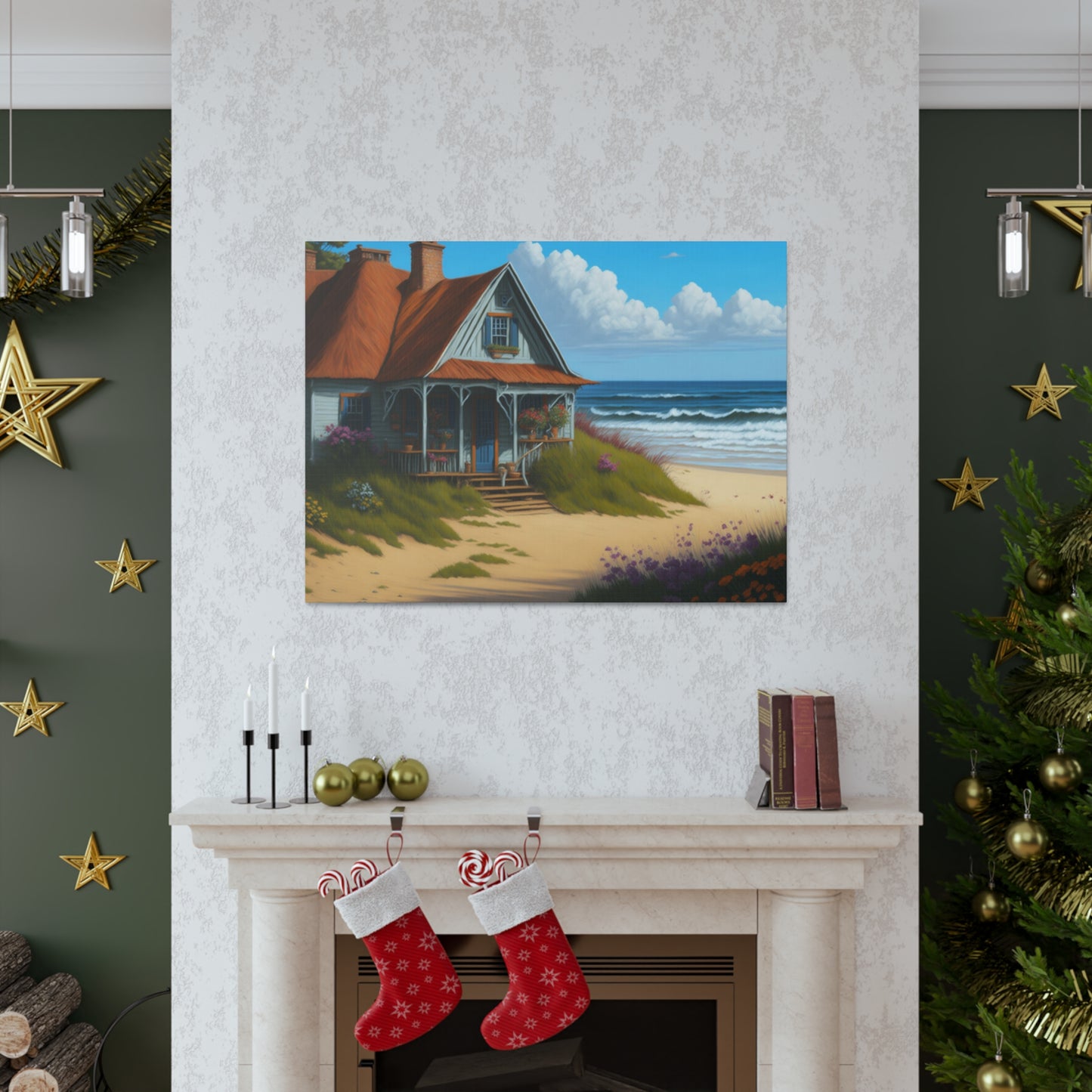 Coastal Retreat: Beach Cottage Canvas Wrap, Idyllic Coastal Landscapes, Serene Ocean Views, and Beachside Escapes, Sand Beaches.