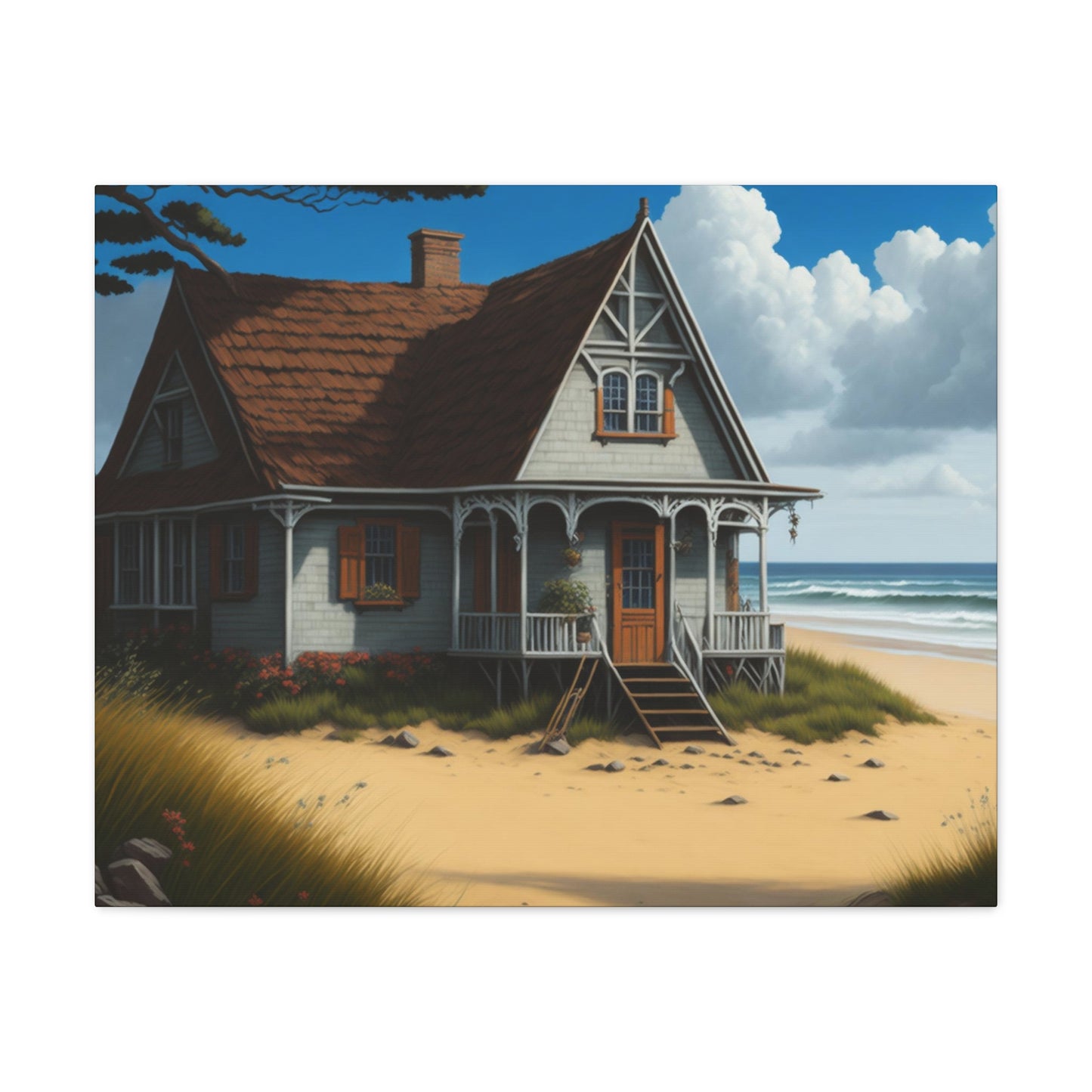 Coastal Retreat: Beach Cottage Canvas Wrap, Idyllic Coastal Landscapes, Serene Ocean Views, and Beachside Escapes, Sand Beaches.