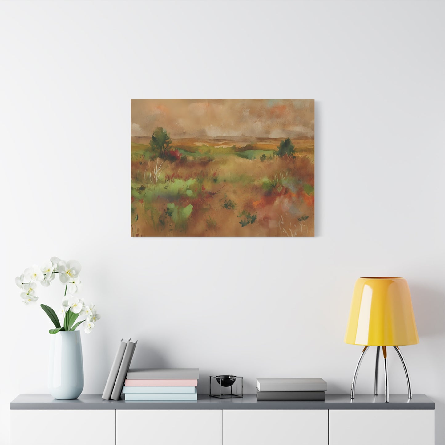 Autumn Meadow Watercolor Art Print, Large Canvas Wall Decor, Serene Landscape Painting, Nature-Inspired Home Decor, Multiple Sizes